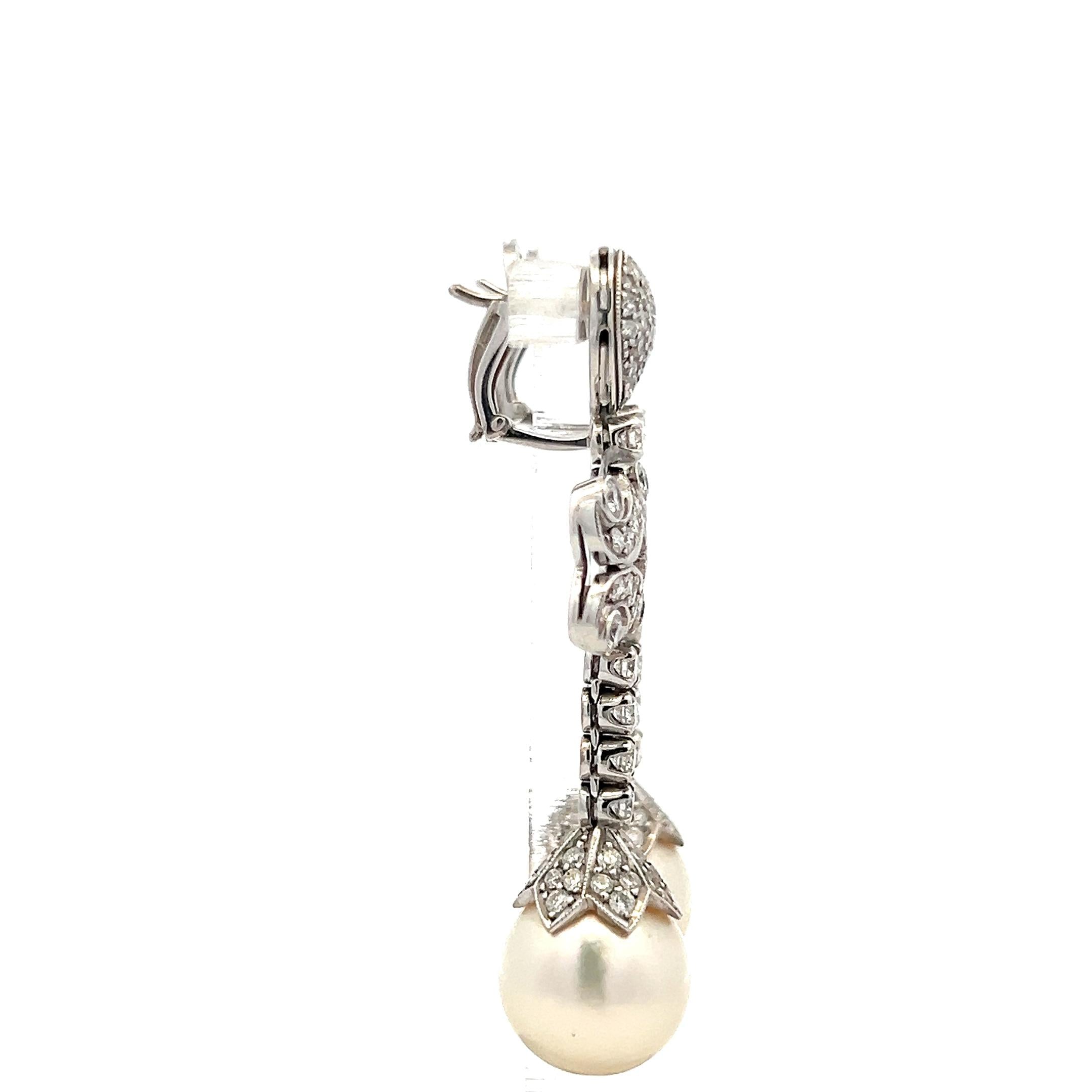 Vintage 18K WG Drop Earrings with 3 Carat Round H-SI Diamonds & 12 MM Pearl