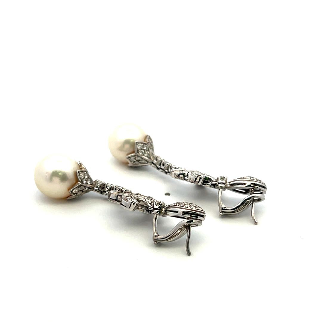 Vintage 18K WG Drop Earrings with 3 Carat Round H-SI Diamonds & 12 MM Pearl