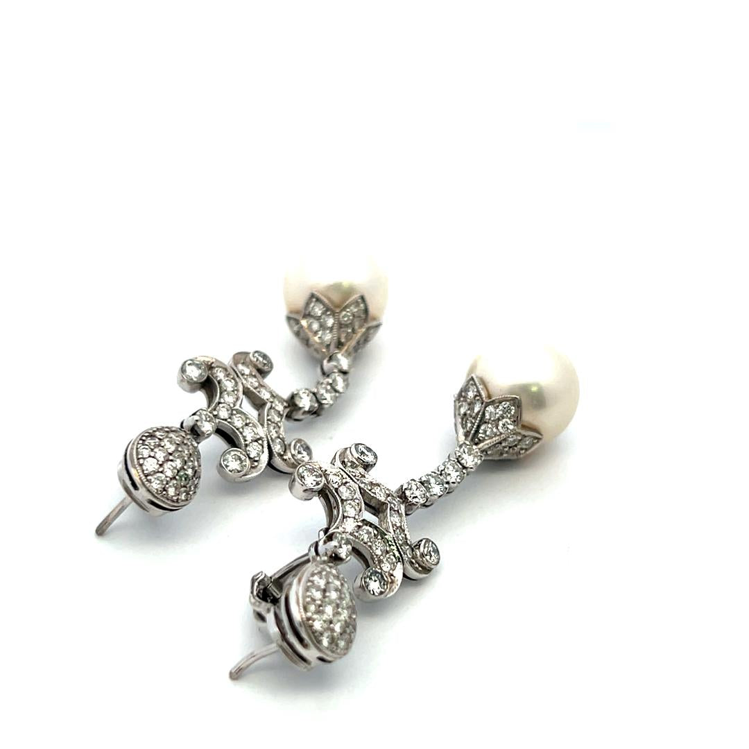 Vintage 18K WG Drop Earrings with 3 Carat Round H-SI Diamonds & 12 MM Pearl