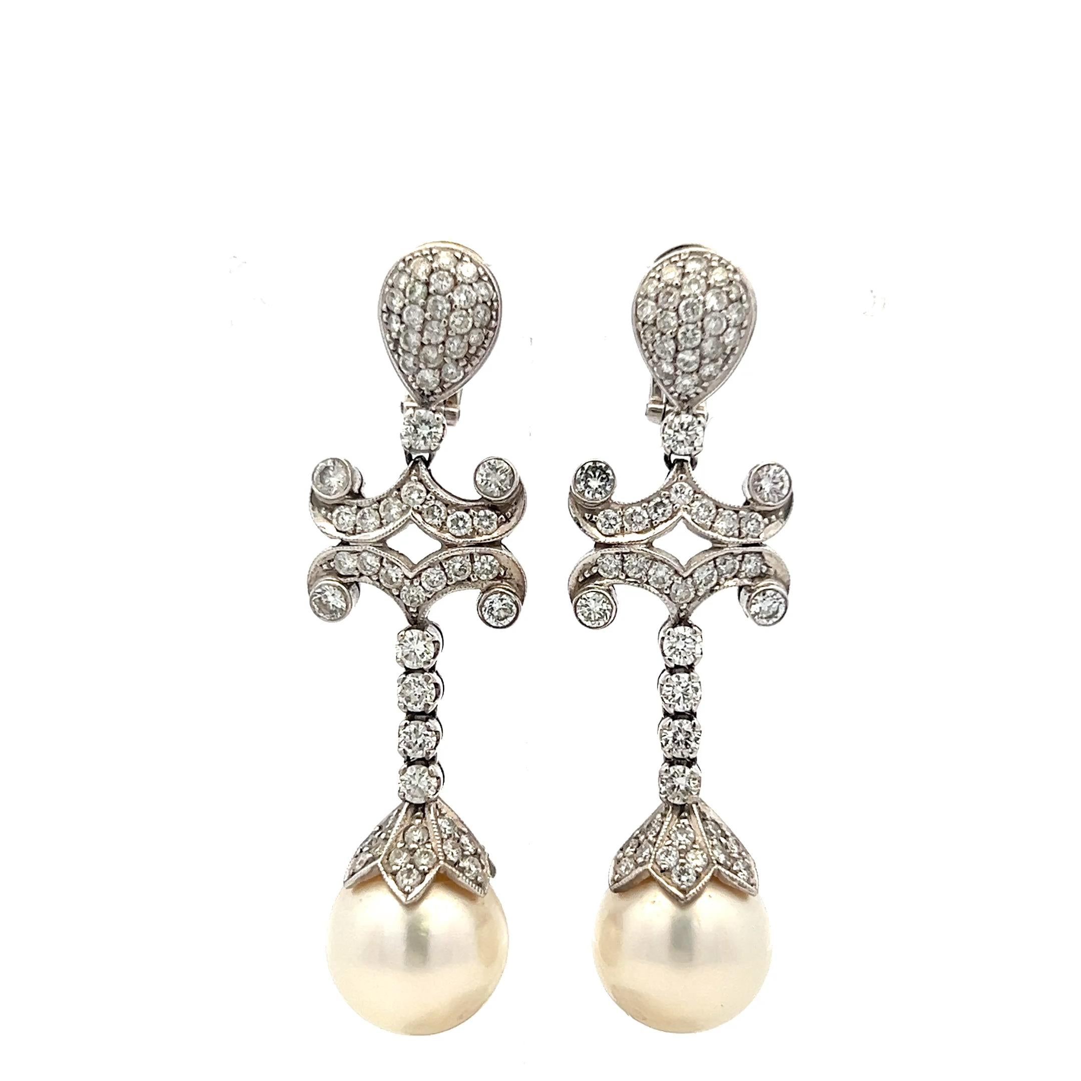 Vintage 18K WG Drop Earrings with 3 Carat Round H-SI Diamonds & 12 MM Pearl