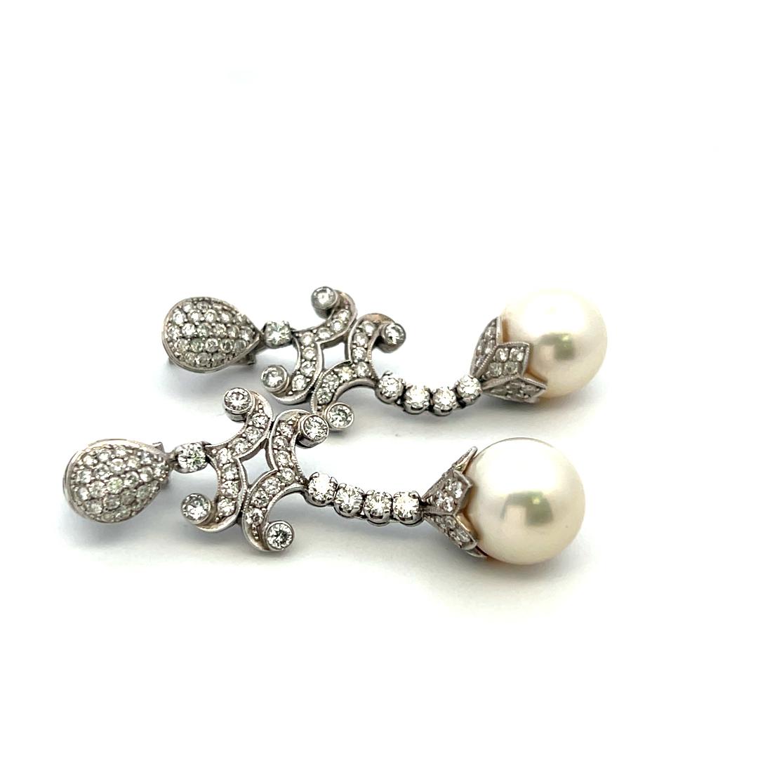 Vintage 18K WG Drop Earrings with 3 Carat Round H-SI Diamonds & 12 MM Pearl
