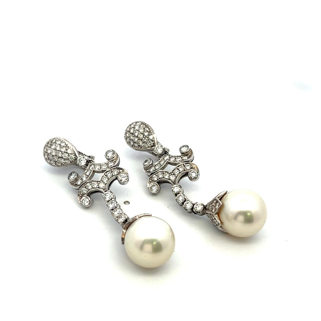 Vintage 18K WG Drop Earrings with 3 Carat Round H-SI Diamonds & 12 MM Pearl