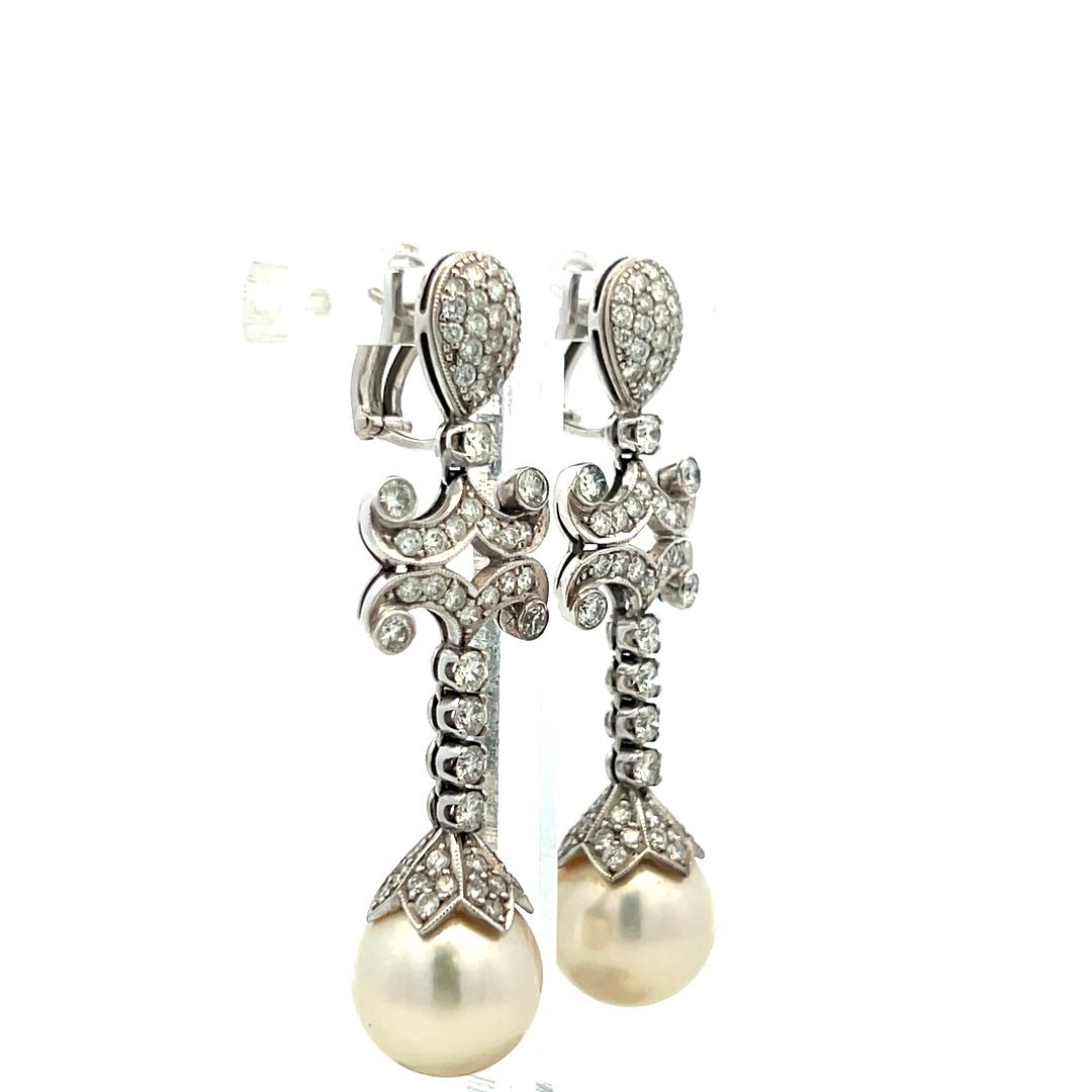 Vintage 18K WG Drop Earrings with 3 Carat Round H-SI Diamonds & 12 MM Pearl