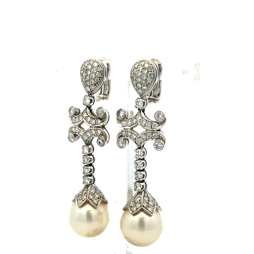 Vintage 18K WG Drop Earrings with 3 Carat Round H-SI Diamonds & 12 MM Pearl