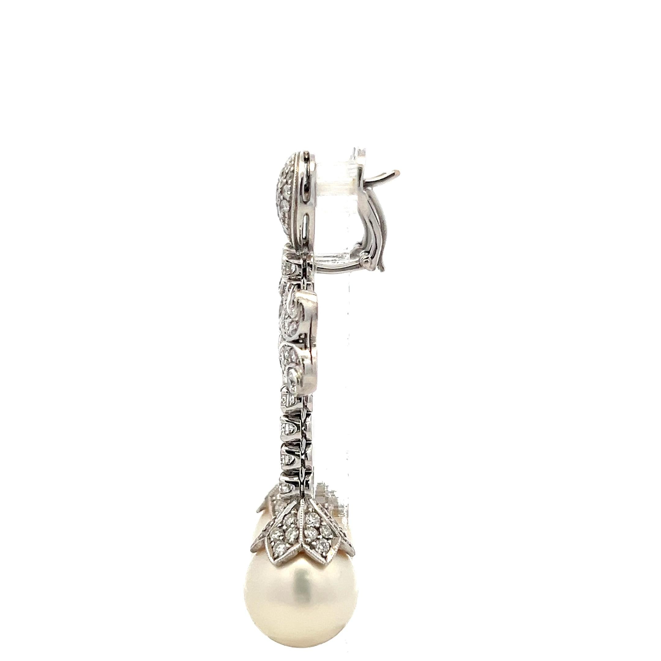 Vintage 18K WG Drop Earrings with 3 Carat Round H-SI Diamonds & 12 MM Pearl