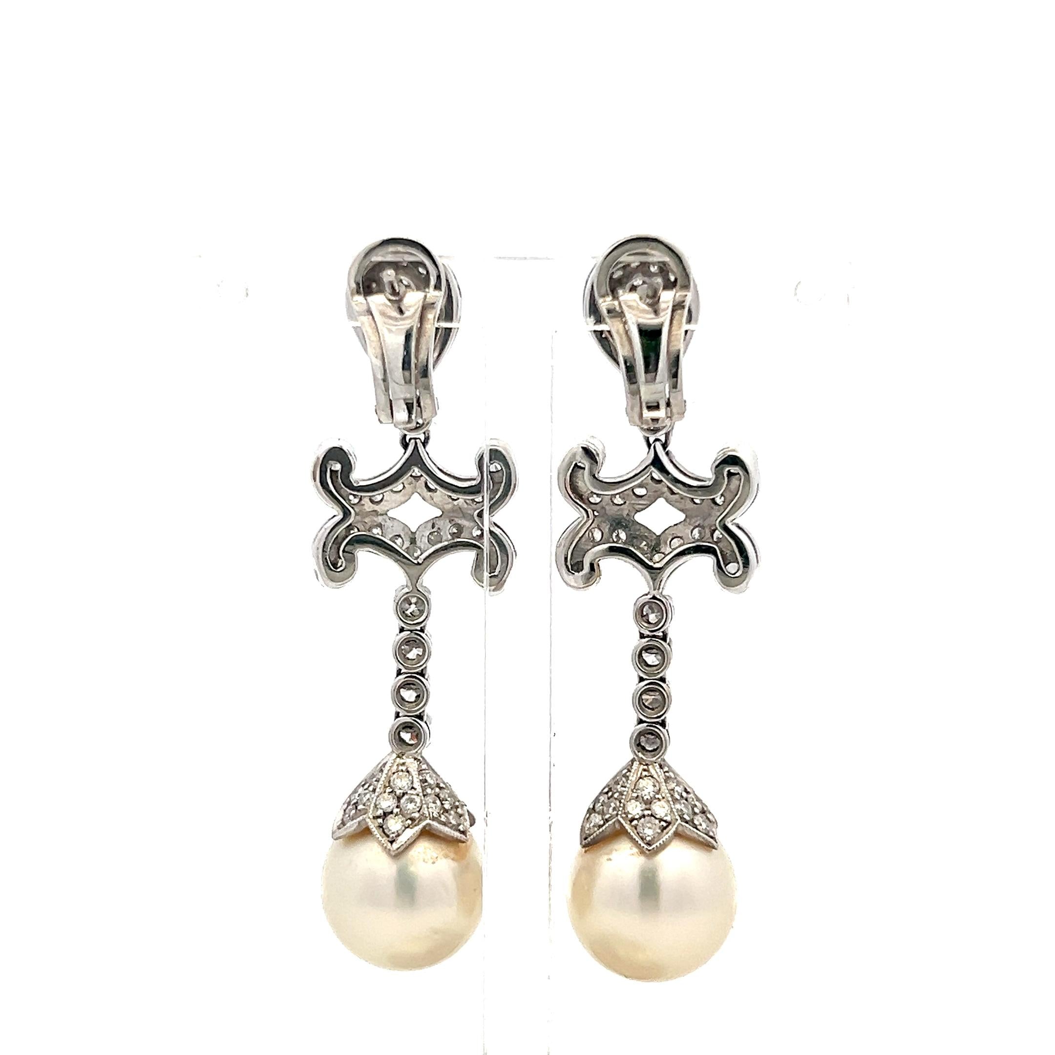 Vintage 18K WG Drop Earrings with 3 Carat Round H-SI Diamonds & 12 MM Pearl