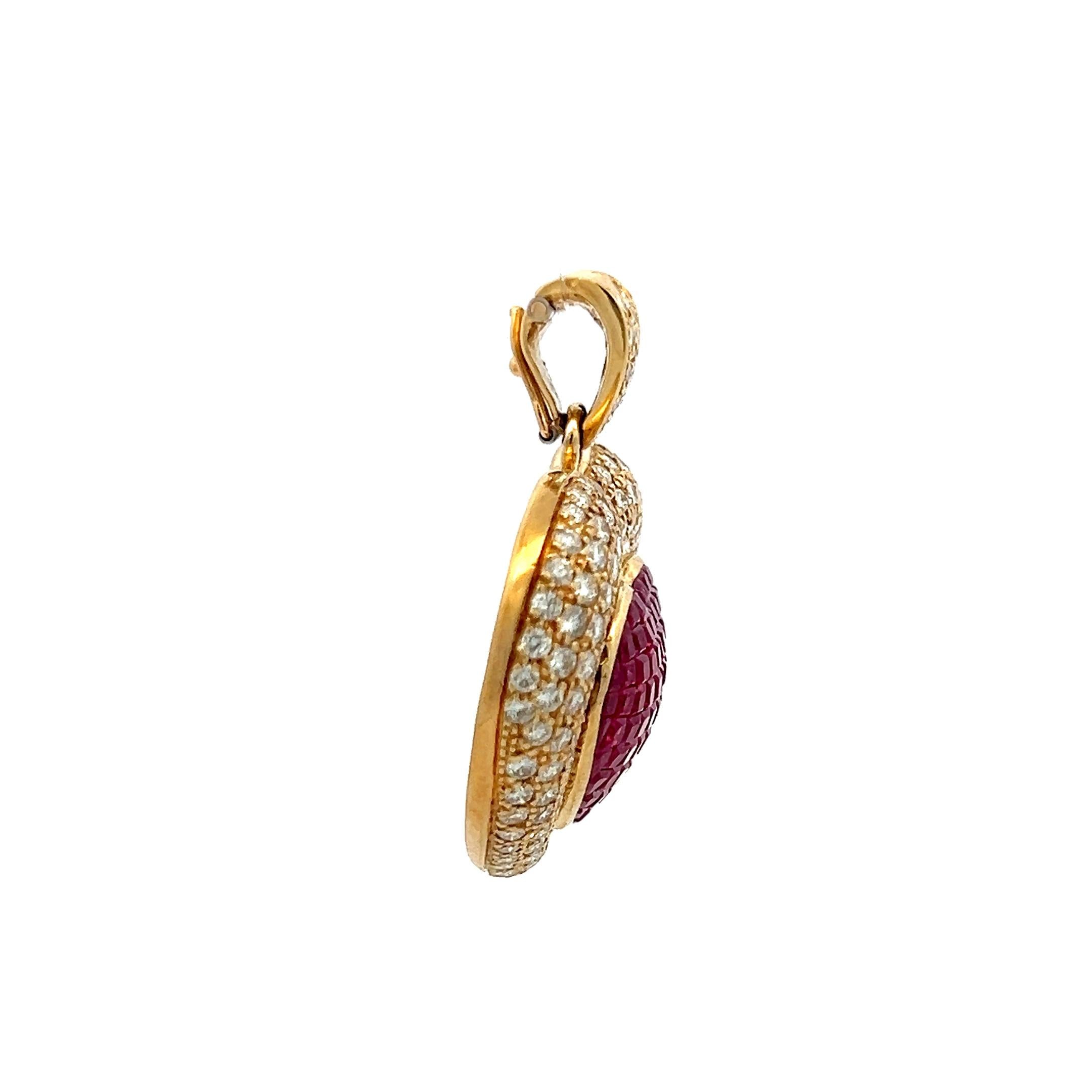 18K YG Heart Pendant with 3.75 Carat Round F-VS Diamonds & 2.6 Carat Ruby