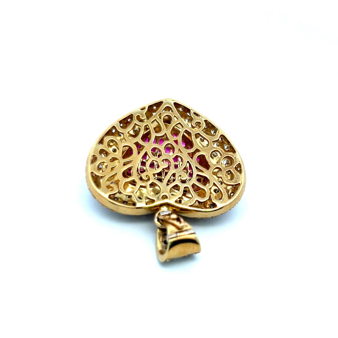18K YG Heart Pendant with 3.75 Carat Round F-VS Diamonds & 2.6 Carat Ruby