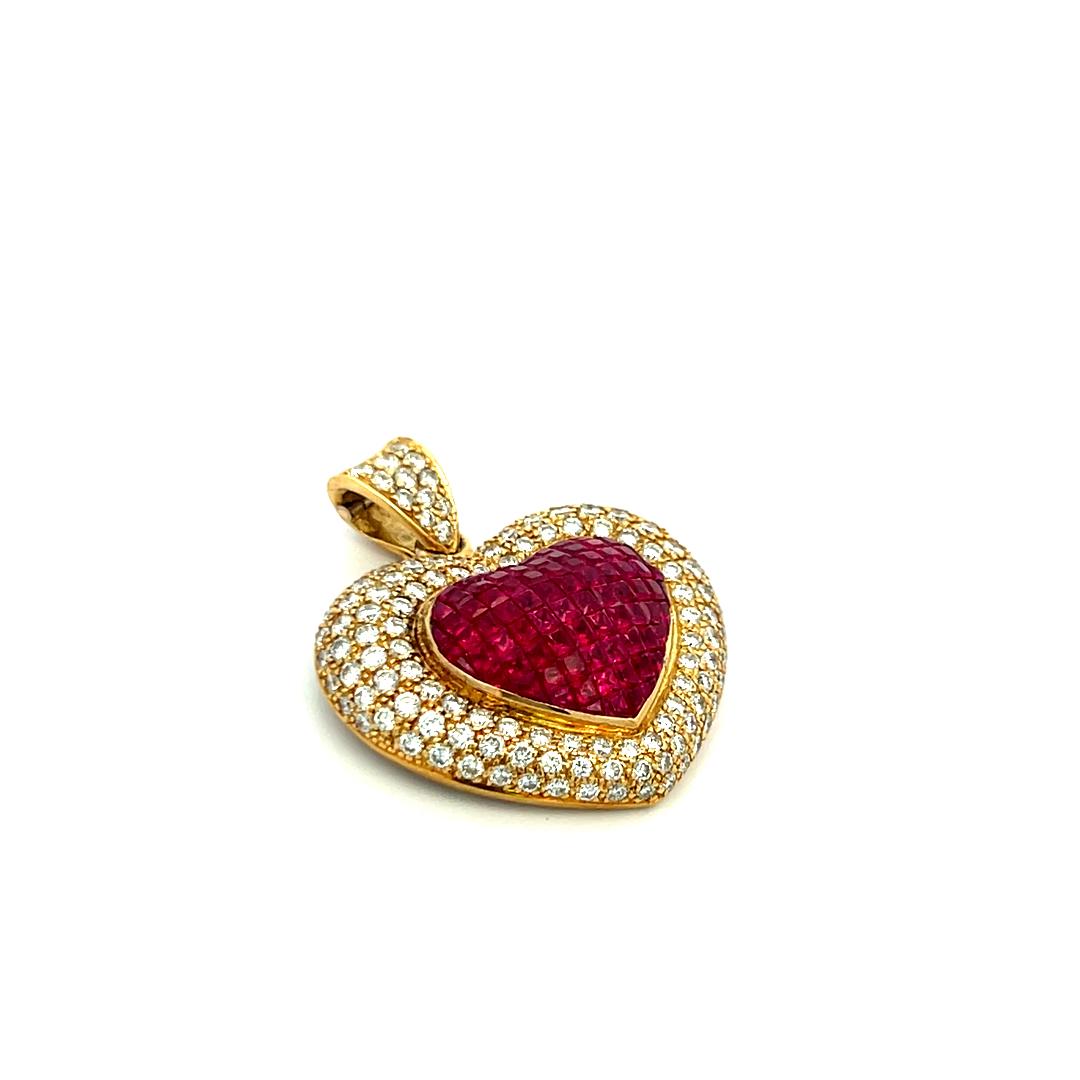 18K YG Heart Pendant with 3.75 Carat Round F-VS Diamonds & 2.6 Carat Ruby