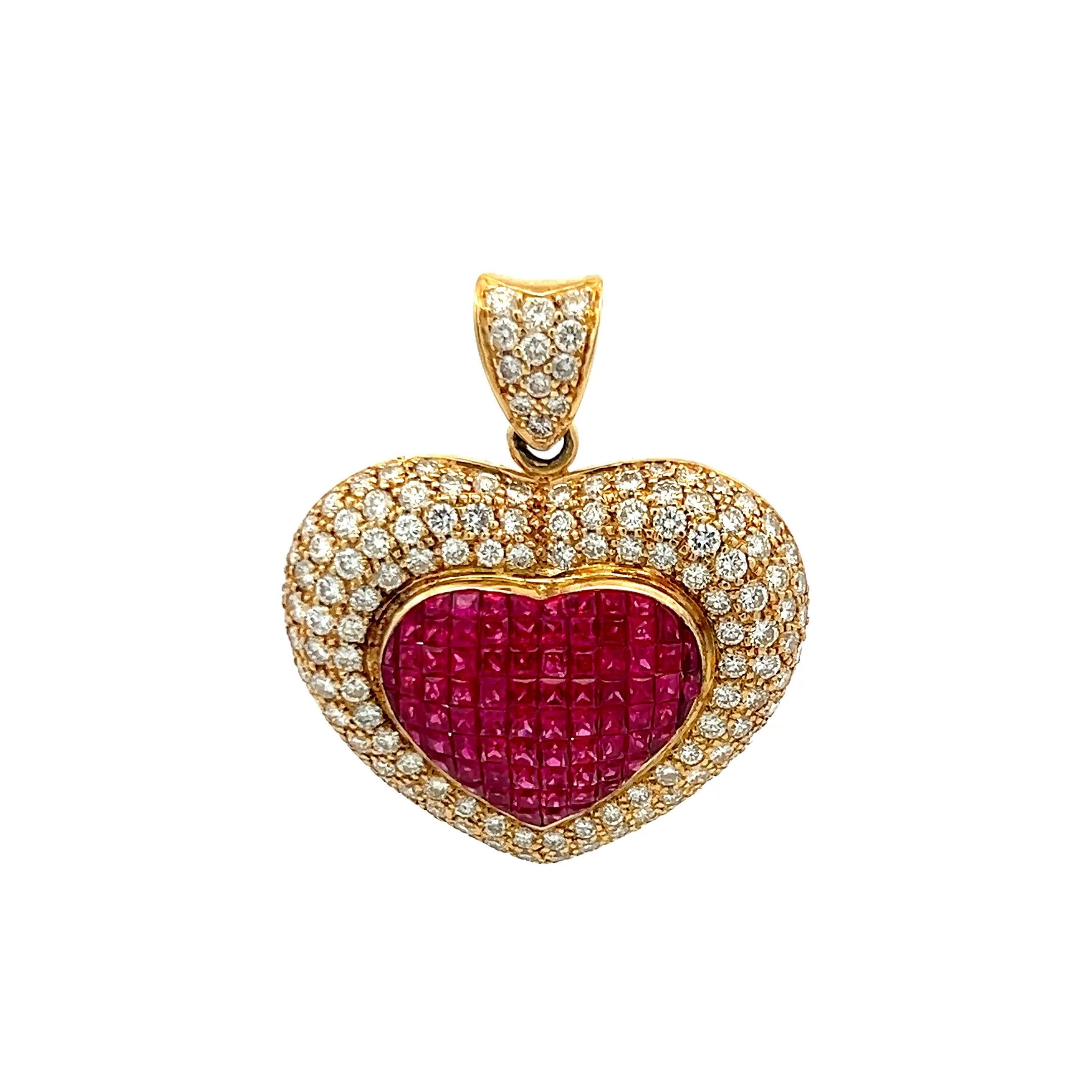 18K YG Heart Pendant with 3.75 Carat Round F-VS Diamonds & 2.6 Carat Ruby