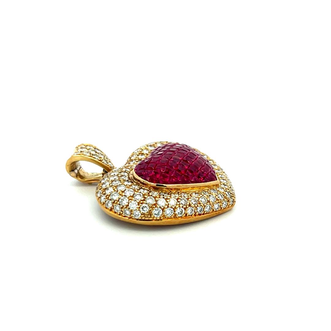 18K YG Heart Pendant with 3.75 Carat Round F-VS Diamonds & 2.6 Carat Ruby