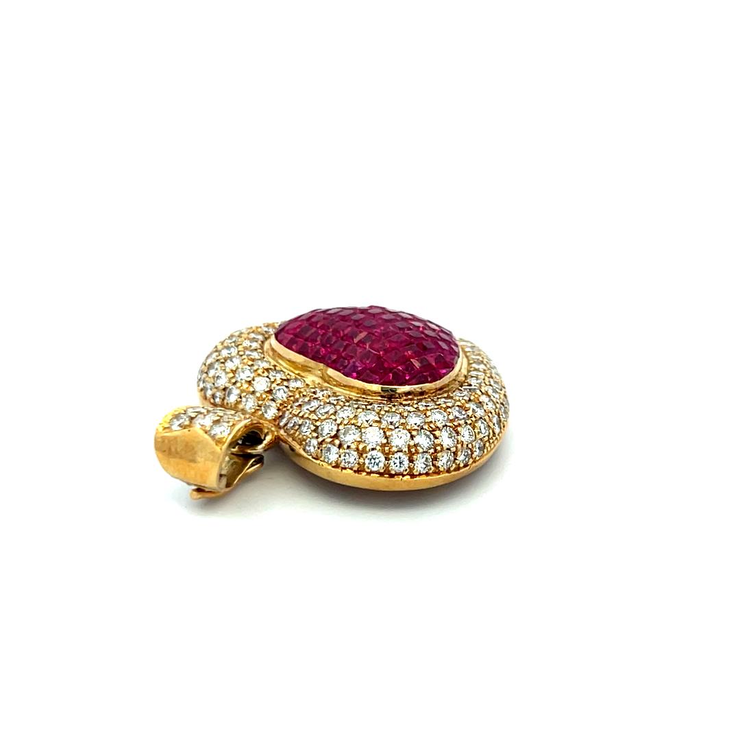 18K YG Heart Pendant with 3.75 Carat Round F-VS Diamonds & 2.6 Carat Ruby