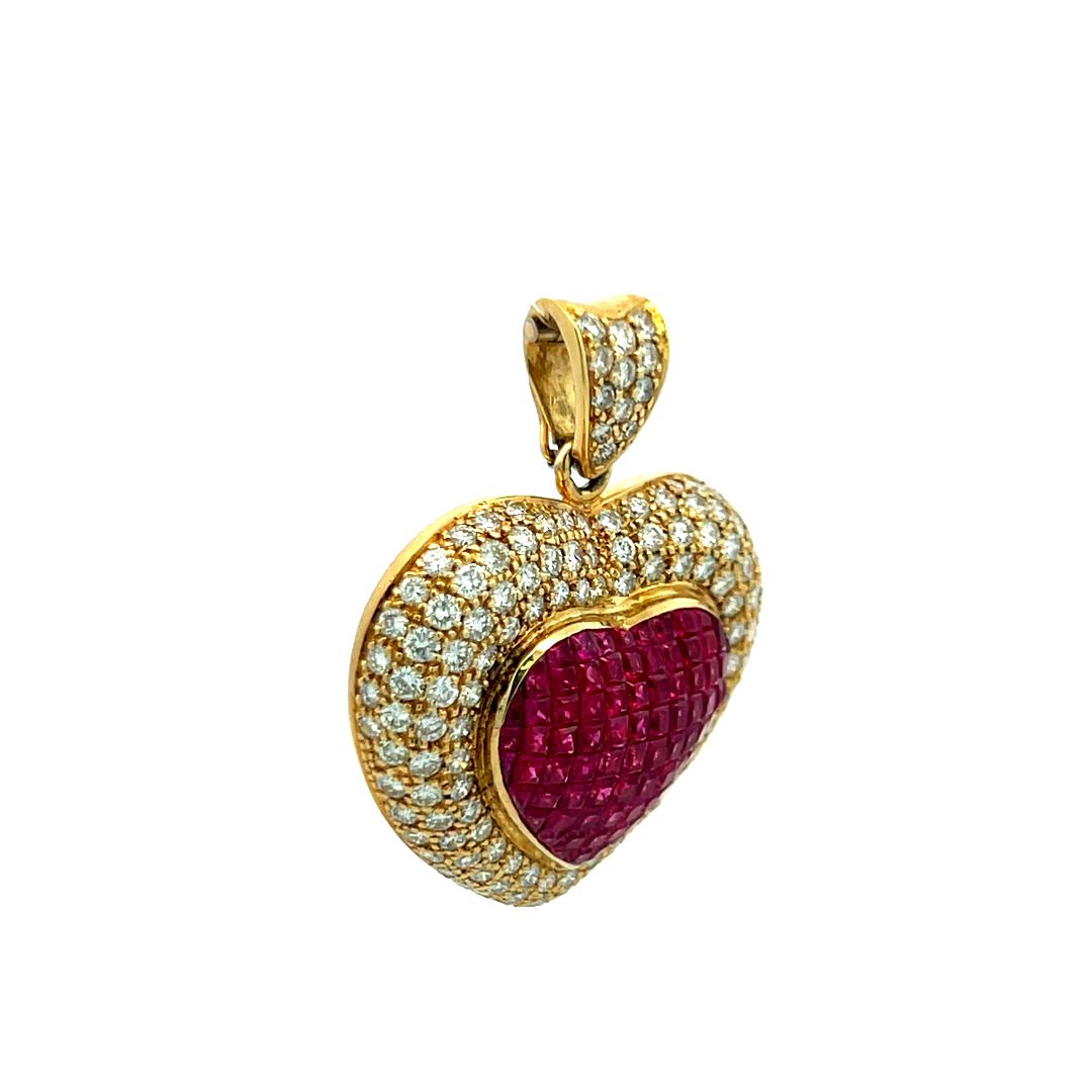 18K YG Heart Pendant with 3.75 Carat Round F-VS Diamonds & 2.6 Carat Ruby