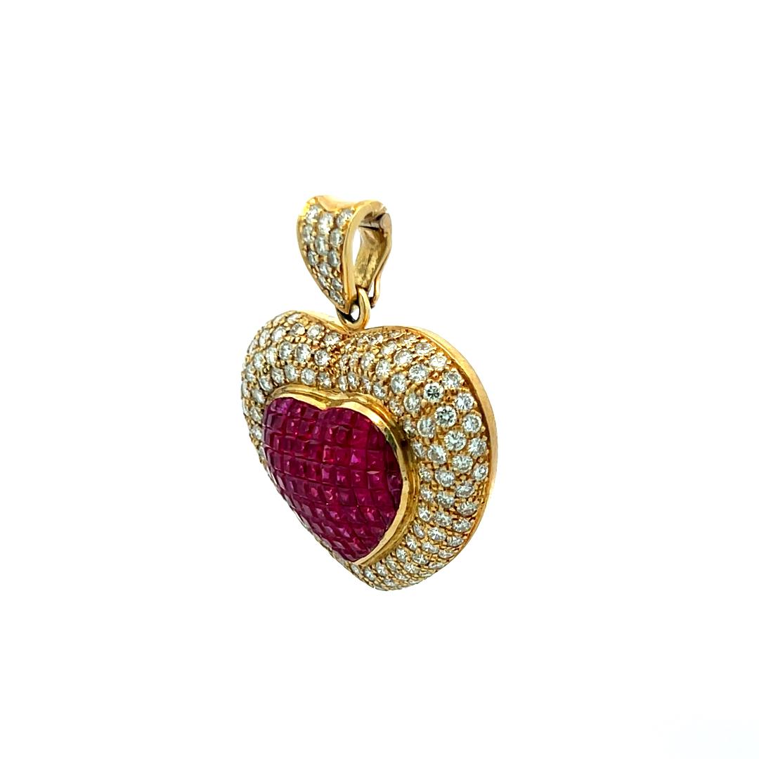 18K YG Heart Pendant with 3.75 Carat Round F-VS Diamonds & 2.6 Carat Ruby