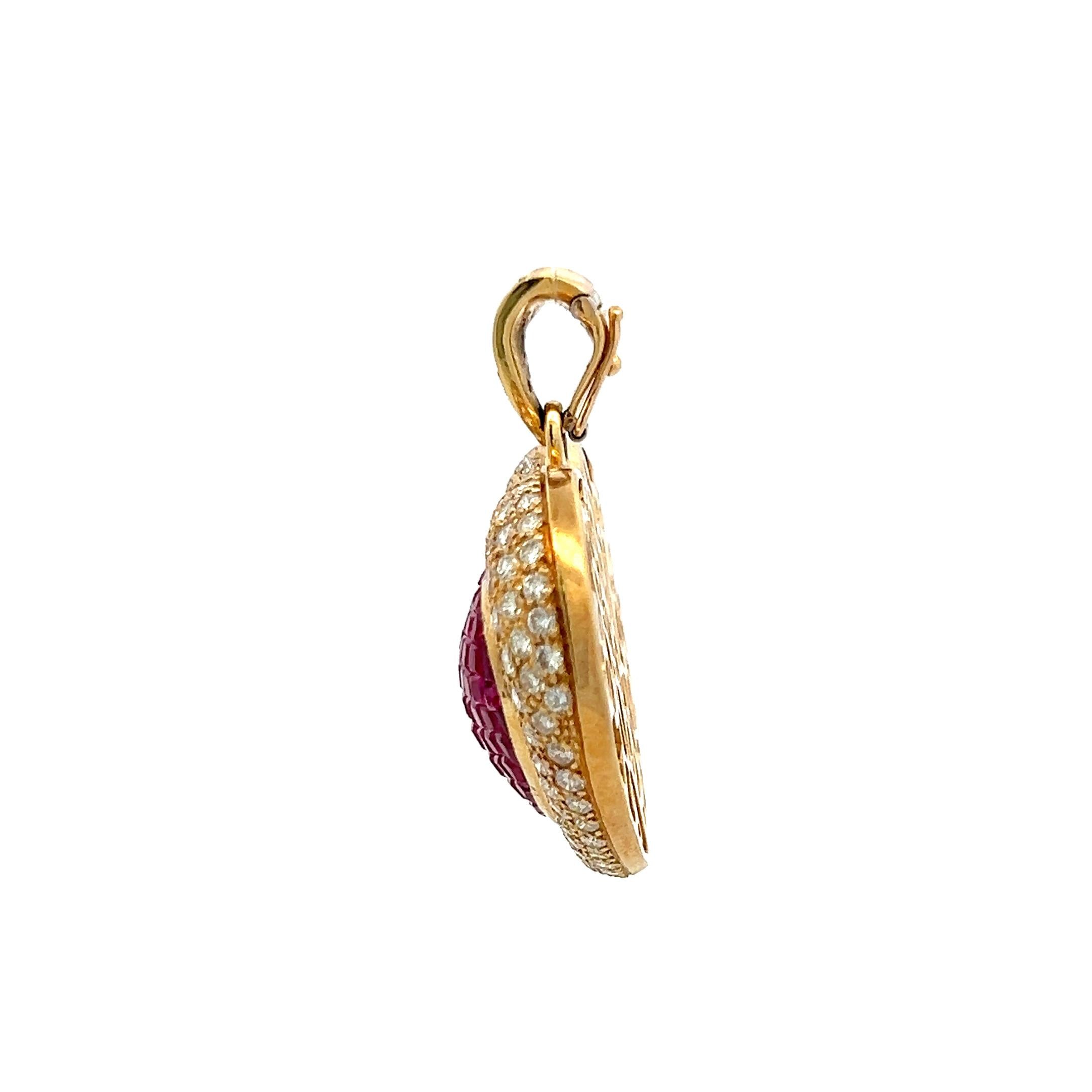18K YG Heart Pendant with 3.75 Carat Round F-VS Diamonds & 2.6 Carat Ruby