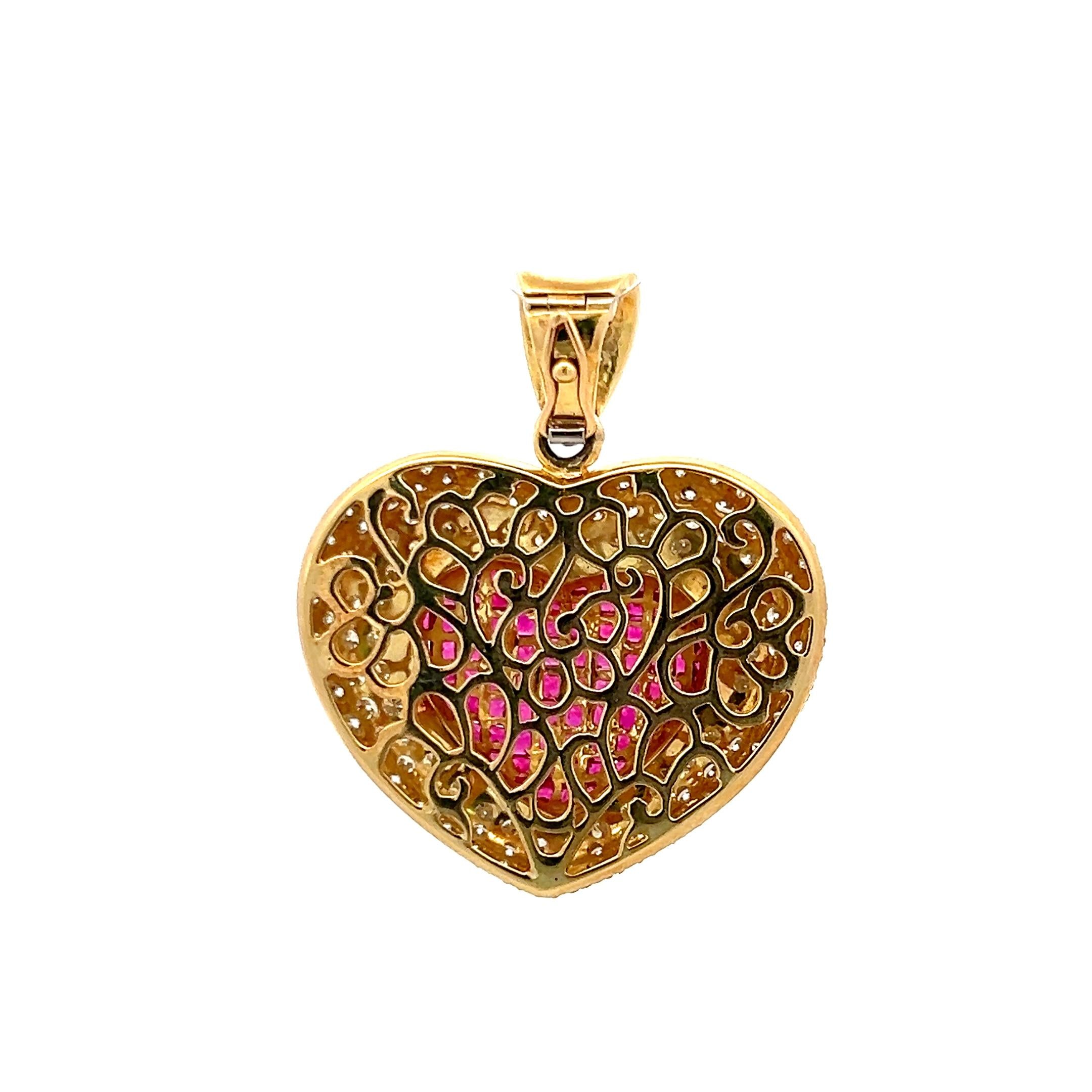 18K YG Heart Pendant with 3.75 Carat Round F-VS Diamonds & 2.6 Carat Ruby