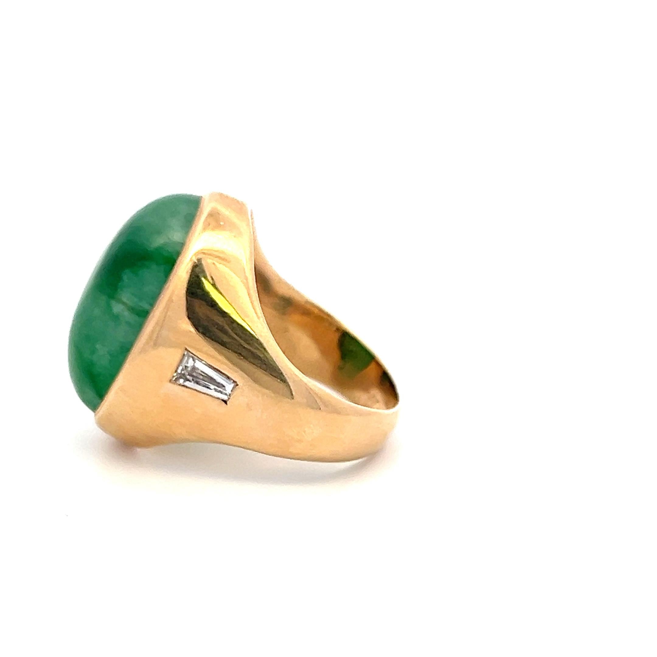 18K YG Cocktail Ring with 0.3 Ct Tapered Baguette Diamonds & 16.5 Ct Jade Size 7