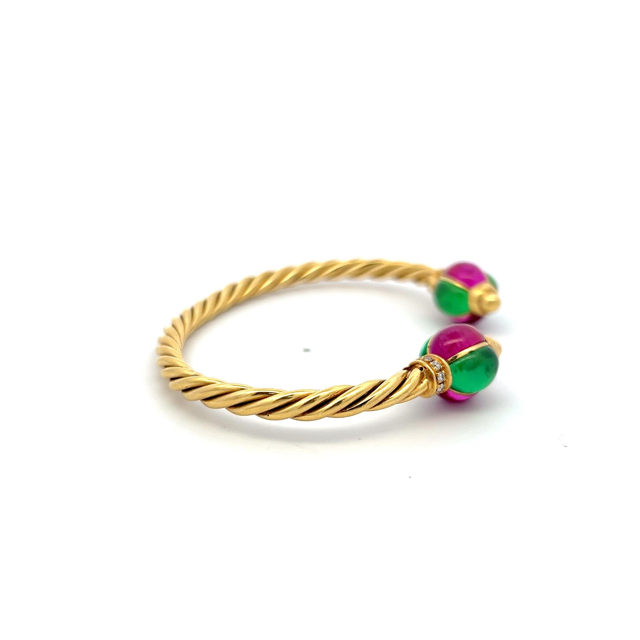 18K YG Cuff Bracelet with 0.12 Carat Diamonds 9x6.6 MM Green Sapphires & Rubies