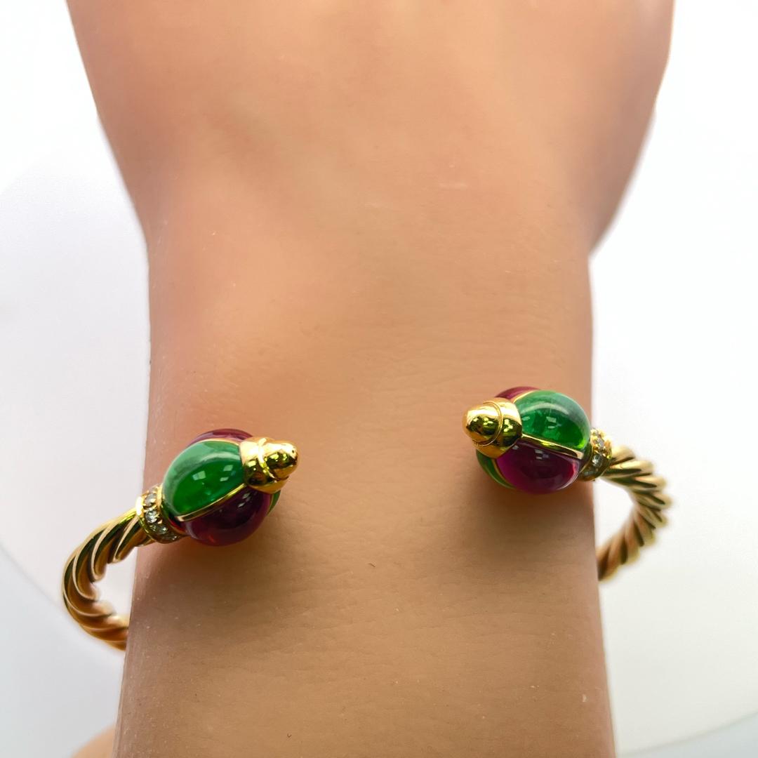 18K YG Cuff Bracelet with 0.12 Carat Diamonds 9x6.6 MM Green Sapphires & Rubies