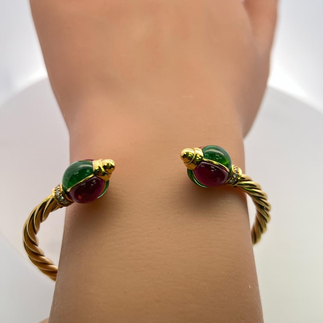 18K YG Cuff Bracelet with 0.12 Carat Diamonds 9x6.6 MM Green Sapphires & Rubies