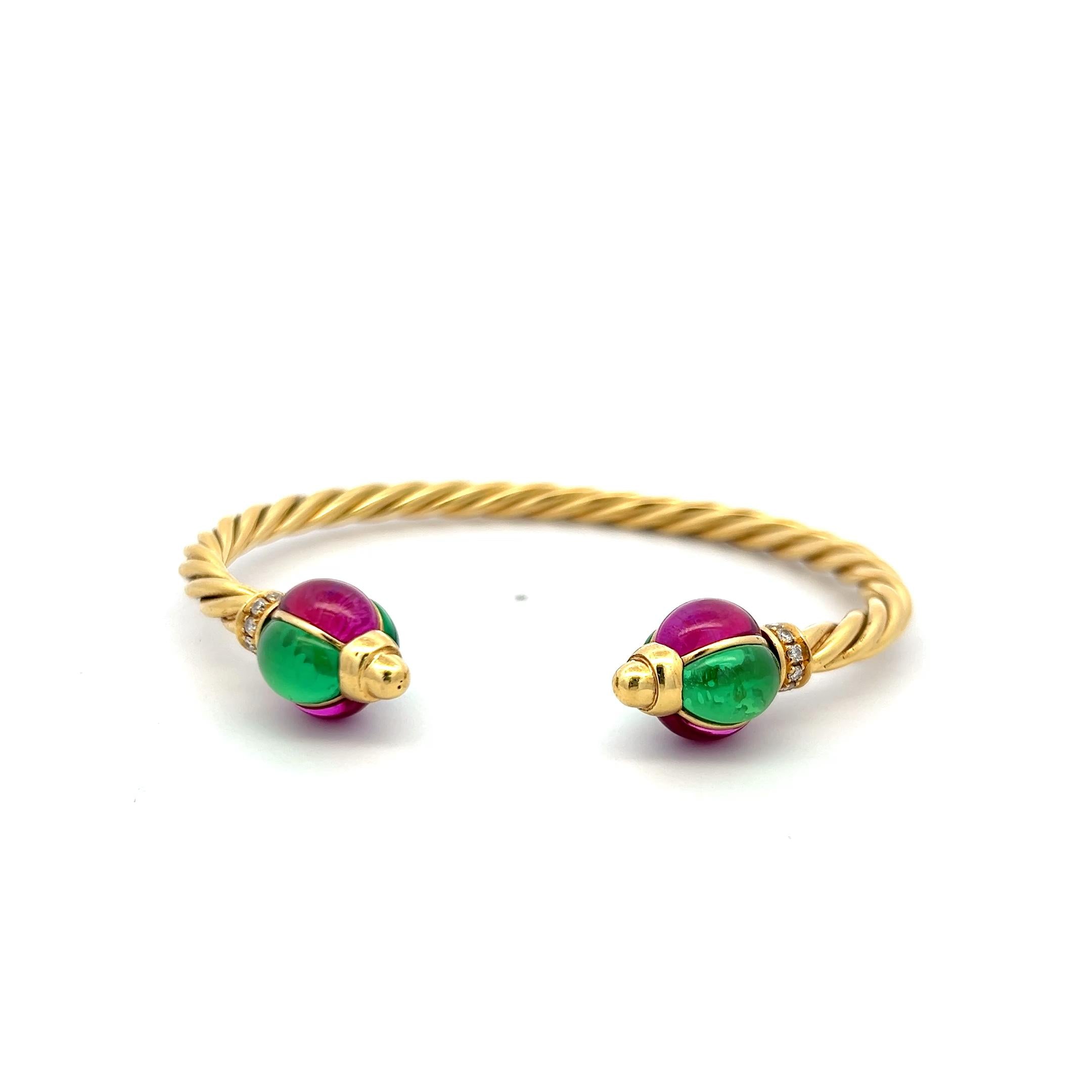 18K YG Cuff Bracelet with 0.12 Carat Diamonds 9x6.6 MM Green Sapphires & Rubies