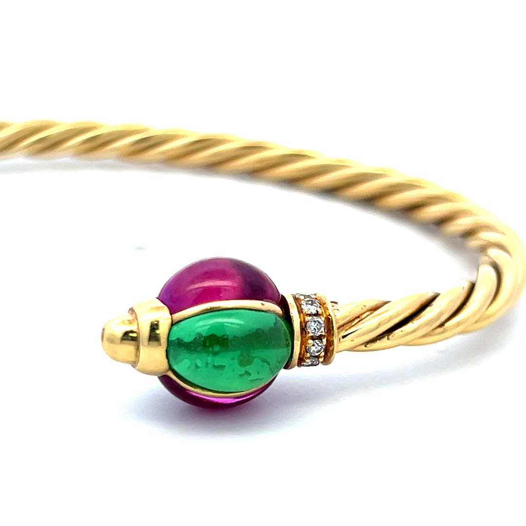 18K YG Cuff Bracelet with 0.12 Carat Diamonds 9x6.6 MM Green Sapphires & Rubies