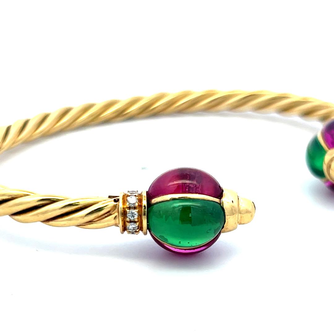18K YG Cuff Bracelet with 0.12 Carat Diamonds 9x6.6 MM Green Sapphires & Rubies