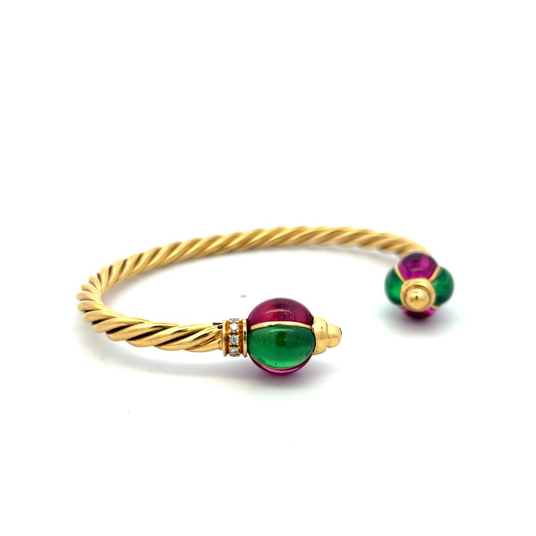 18K YG Cuff Bracelet with 0.12 Carat Diamonds 9x6.6 MM Green Sapphires & Rubies