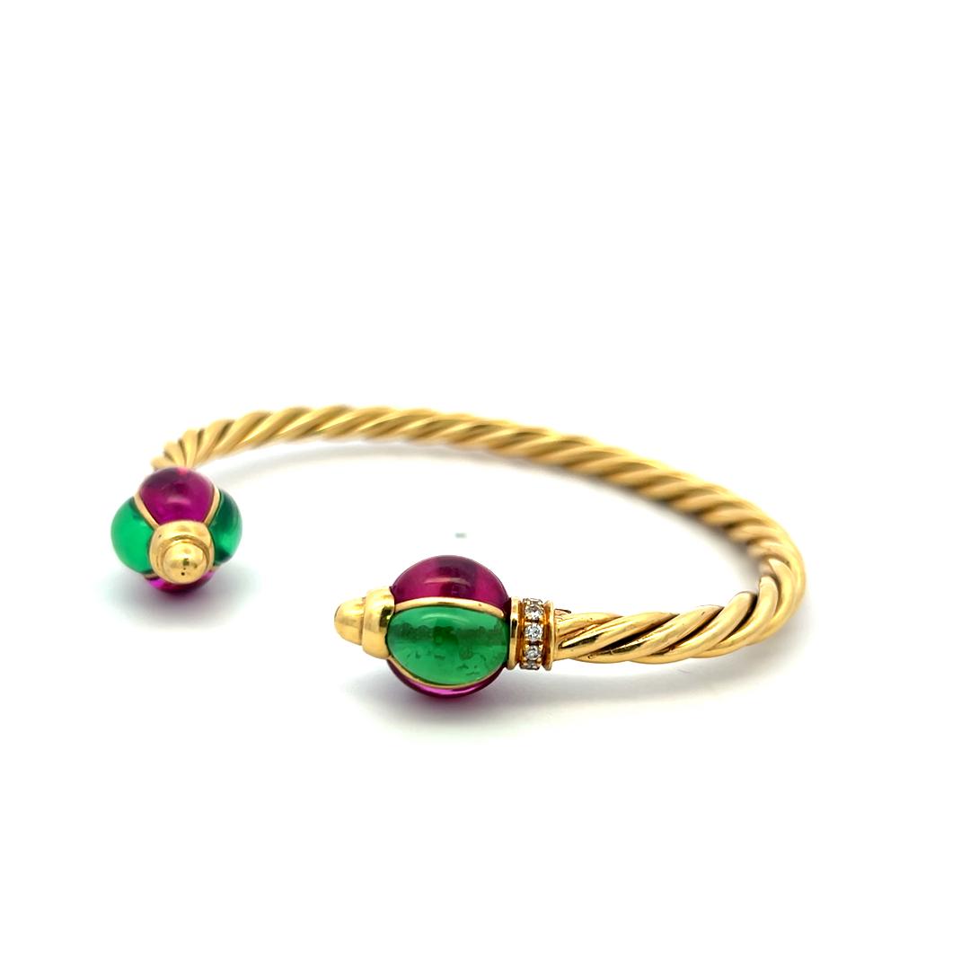 18K YG Cuff Bracelet with 0.12 Carat Diamonds 9x6.6 MM Green Sapphires & Rubies