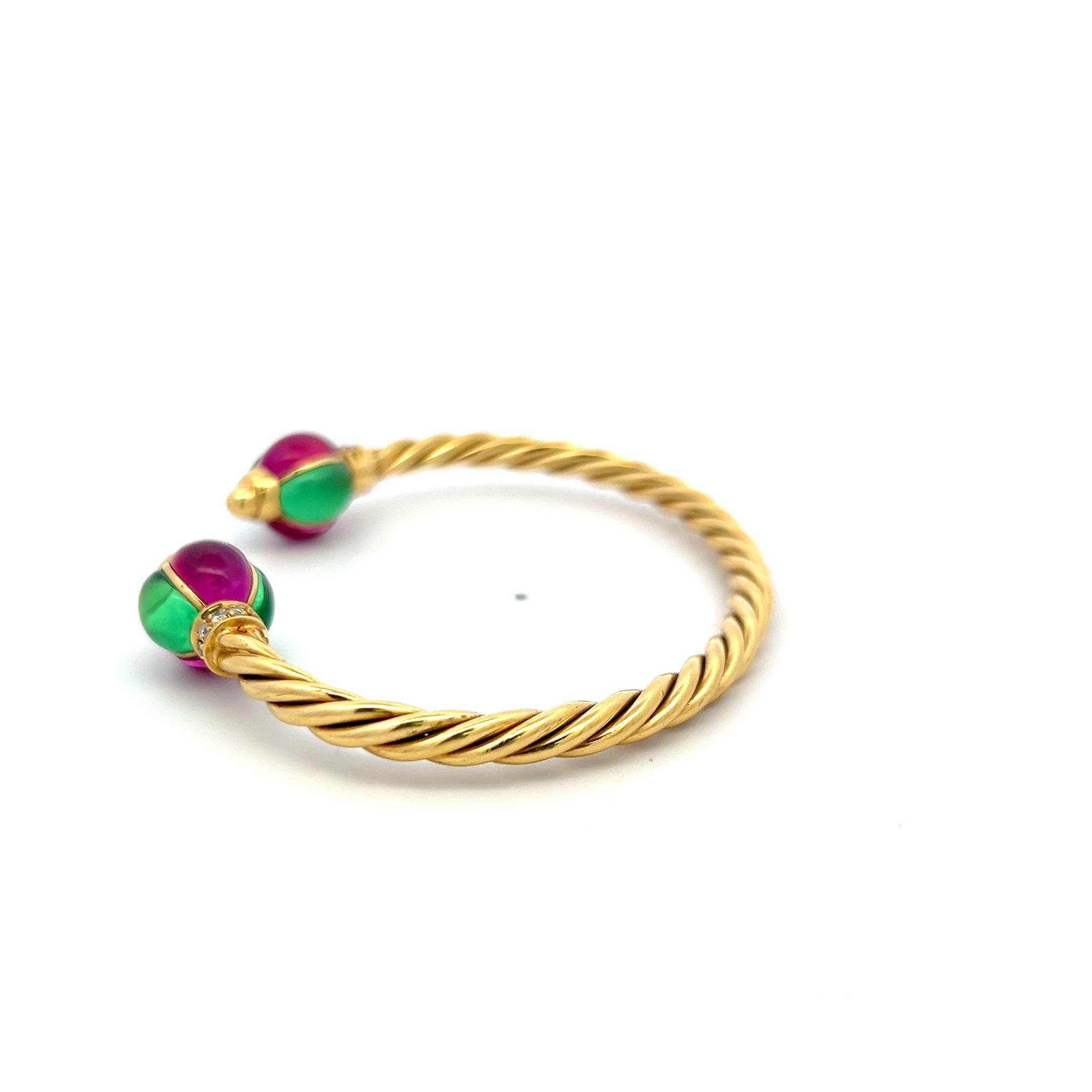 18K YG Cuff Bracelet with 0.12 Carat Diamonds 9x6.6 MM Green Sapphires & Rubies