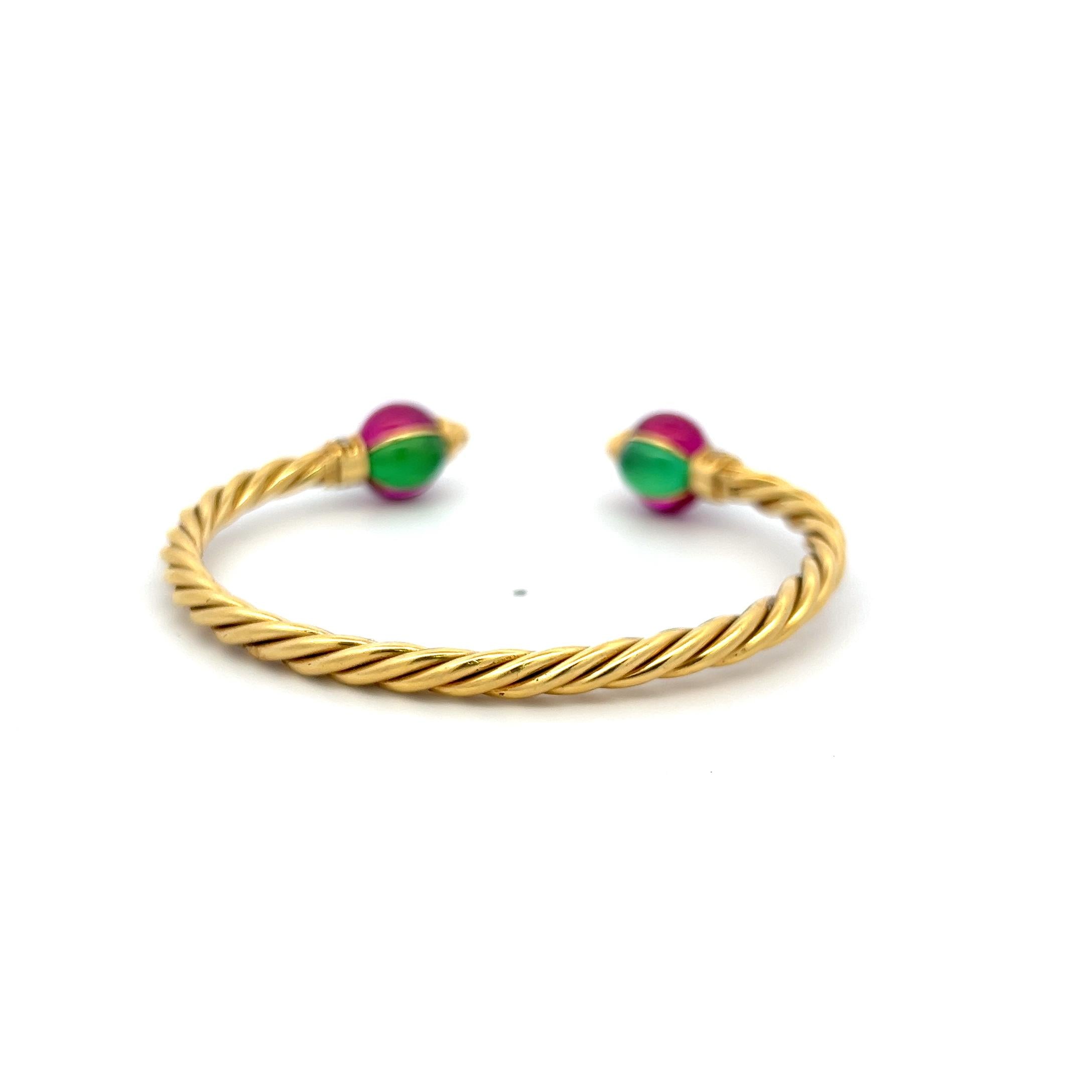 18K YG Cuff Bracelet with 0.12 Carat Diamonds 9x6.6 MM Green Sapphires & Rubies