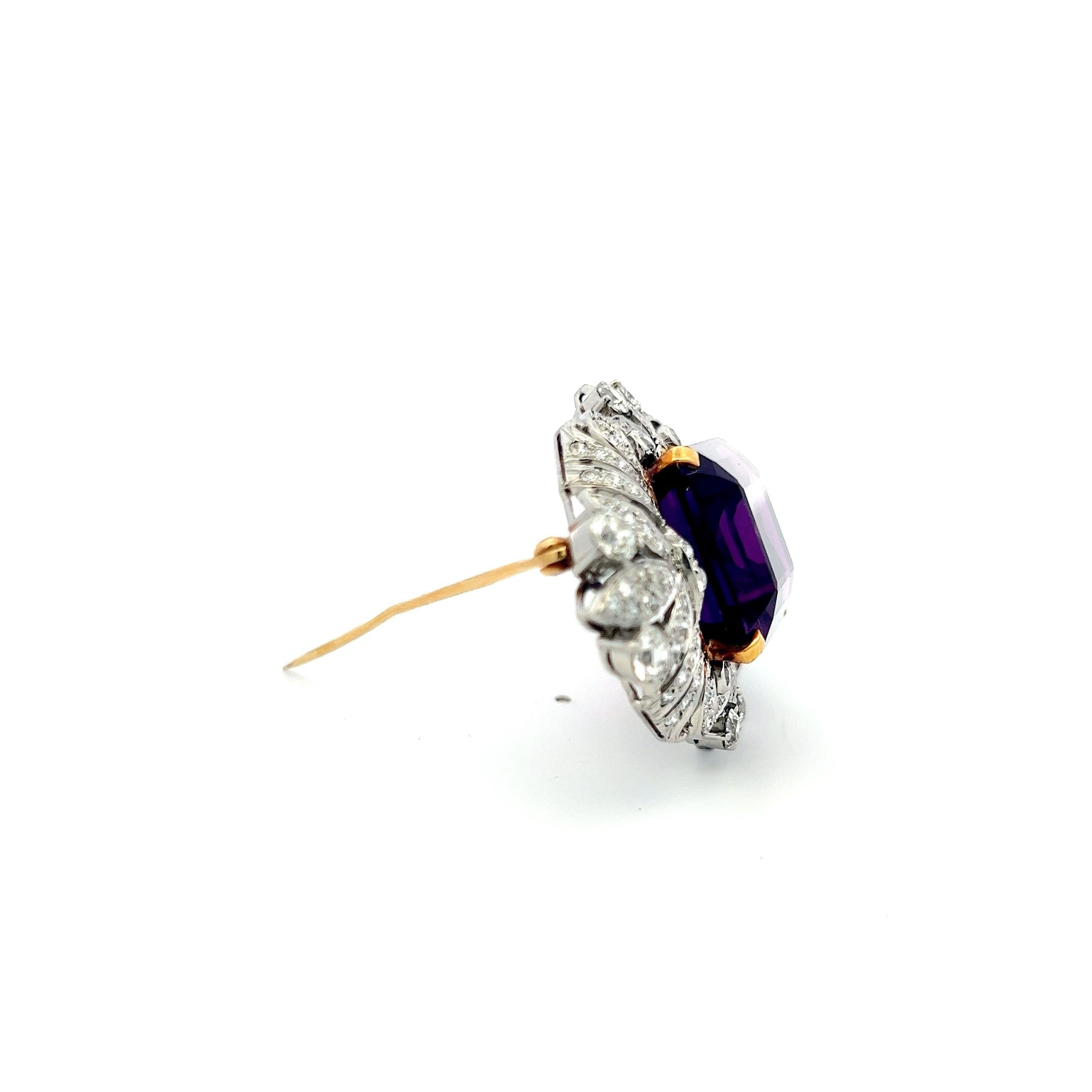 18K Two Tone Gold/Plat Pin Brooch with 5 Ct Round Diamonds & 32.29 Ct Amethyst