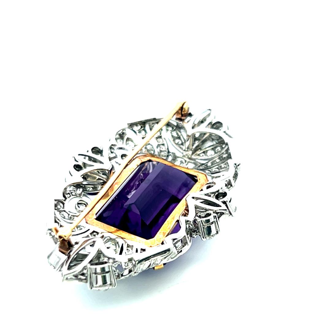 18K Two Tone Gold/Plat Pin Brooch with 5 Ct Round Diamonds & 32.29 Ct Amethyst