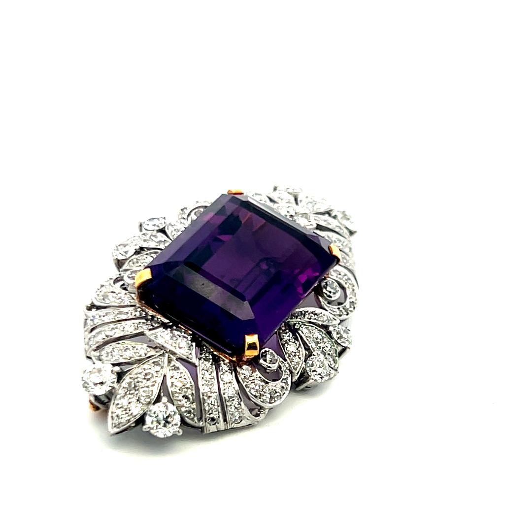 18K Two Tone Gold/Plat Pin Brooch with 5 Ct Round Diamonds & 32.29 Ct Amethyst
