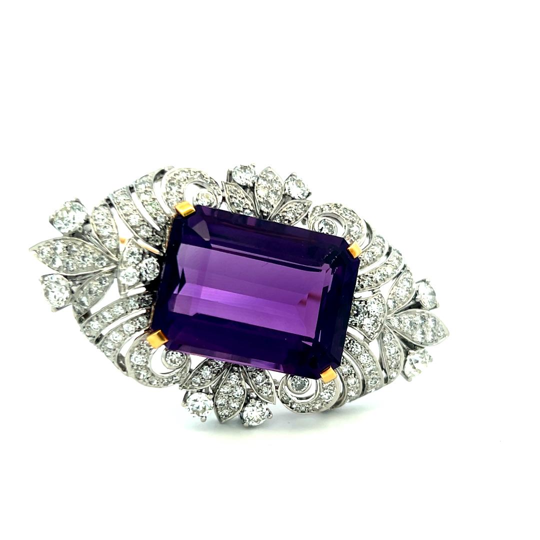 18K Two Tone Gold/Plat Pin Brooch with 5 Ct Round Diamonds & 32.29 Ct Amethyst