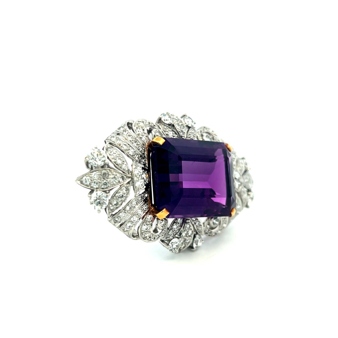 18K Two Tone Gold/Plat Pin Brooch with 5 Ct Round Diamonds & 32.29 Ct Amethyst