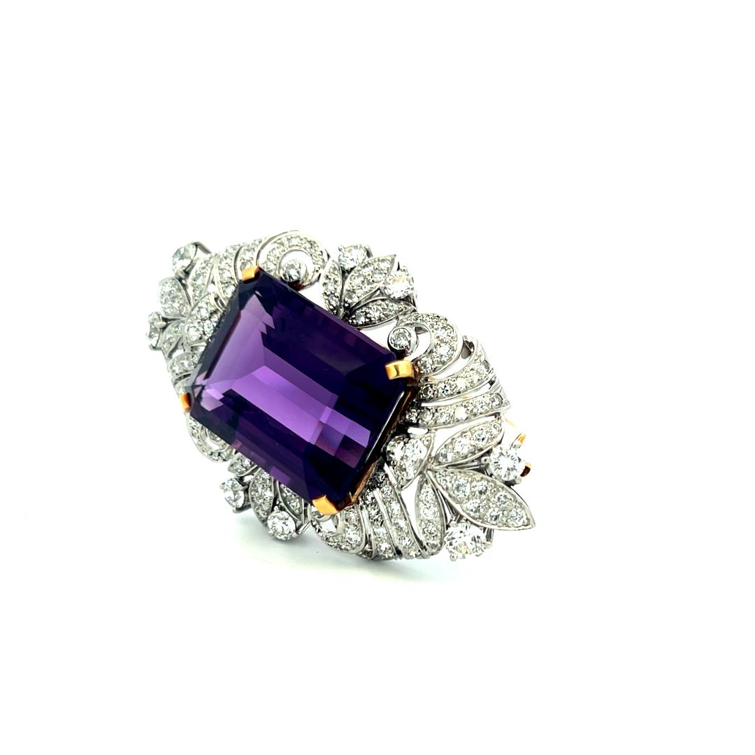 18K Two Tone Gold/Plat Pin Brooch with 5 Ct Round Diamonds & 32.29 Ct Amethyst