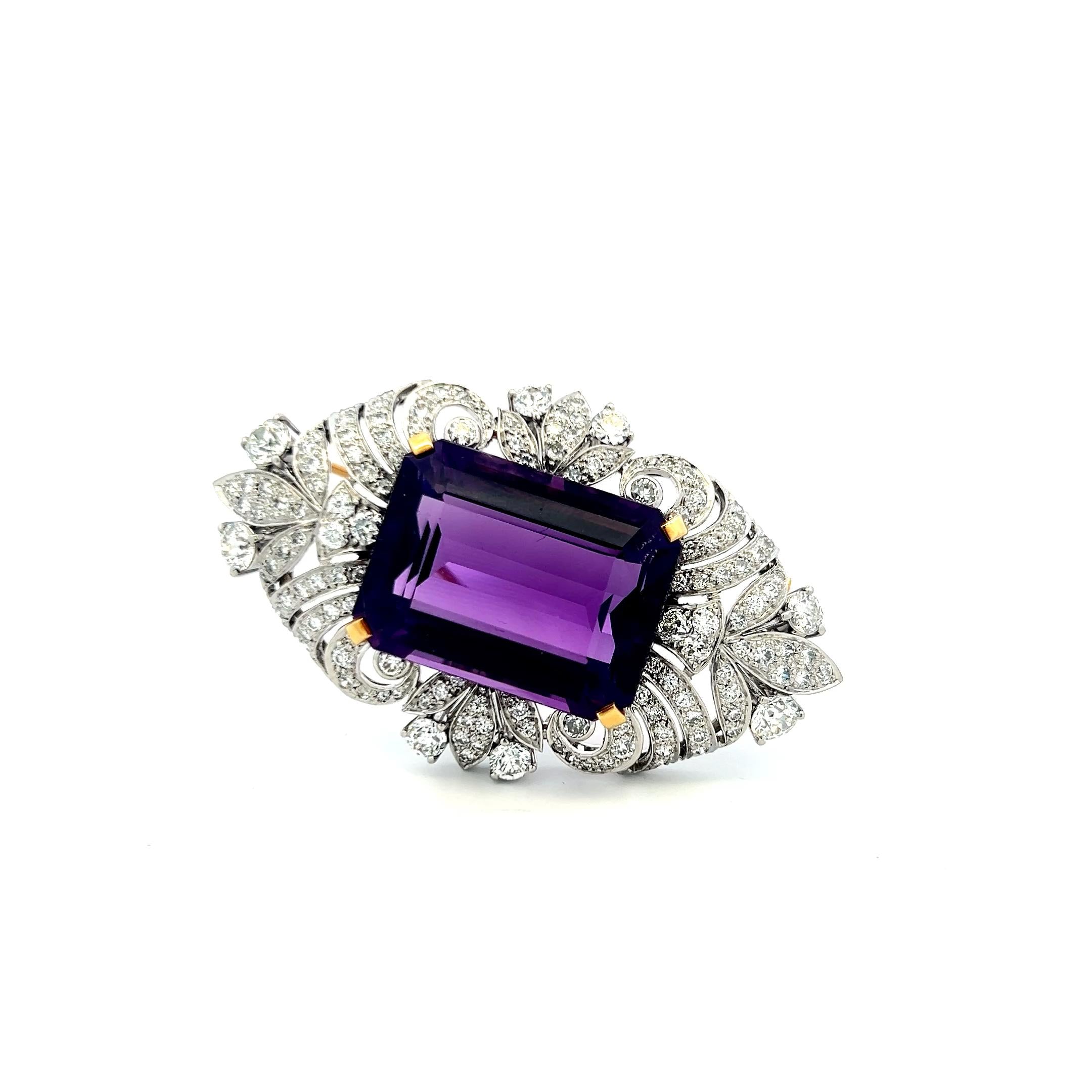 18K Two Tone Gold/Plat Pin Brooch with 5 Ct Round Diamonds & 32.29 Ct Amethyst