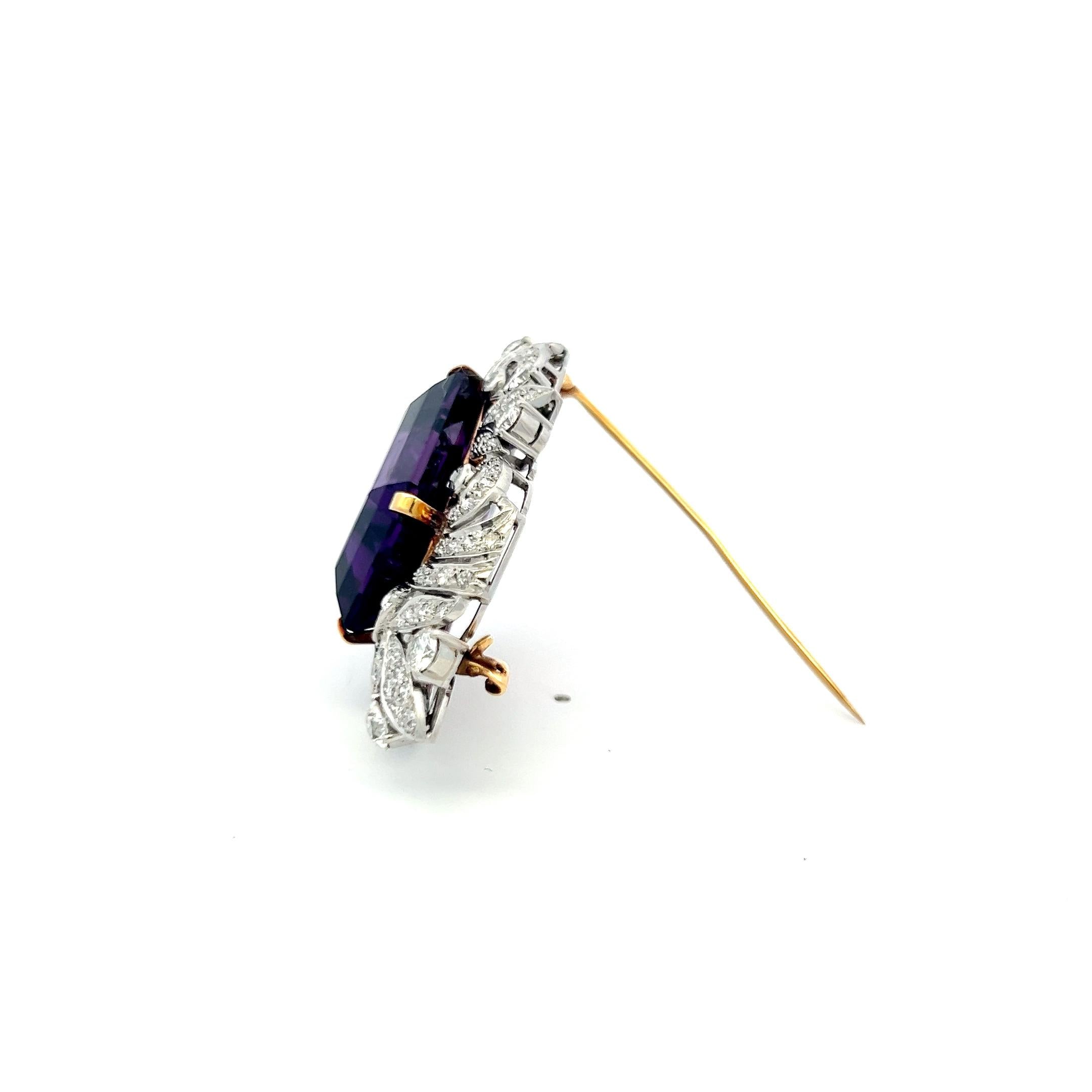 18K Two Tone Gold/Plat Pin Brooch with 5 Ct Round Diamonds & 32.29 Ct Amethyst