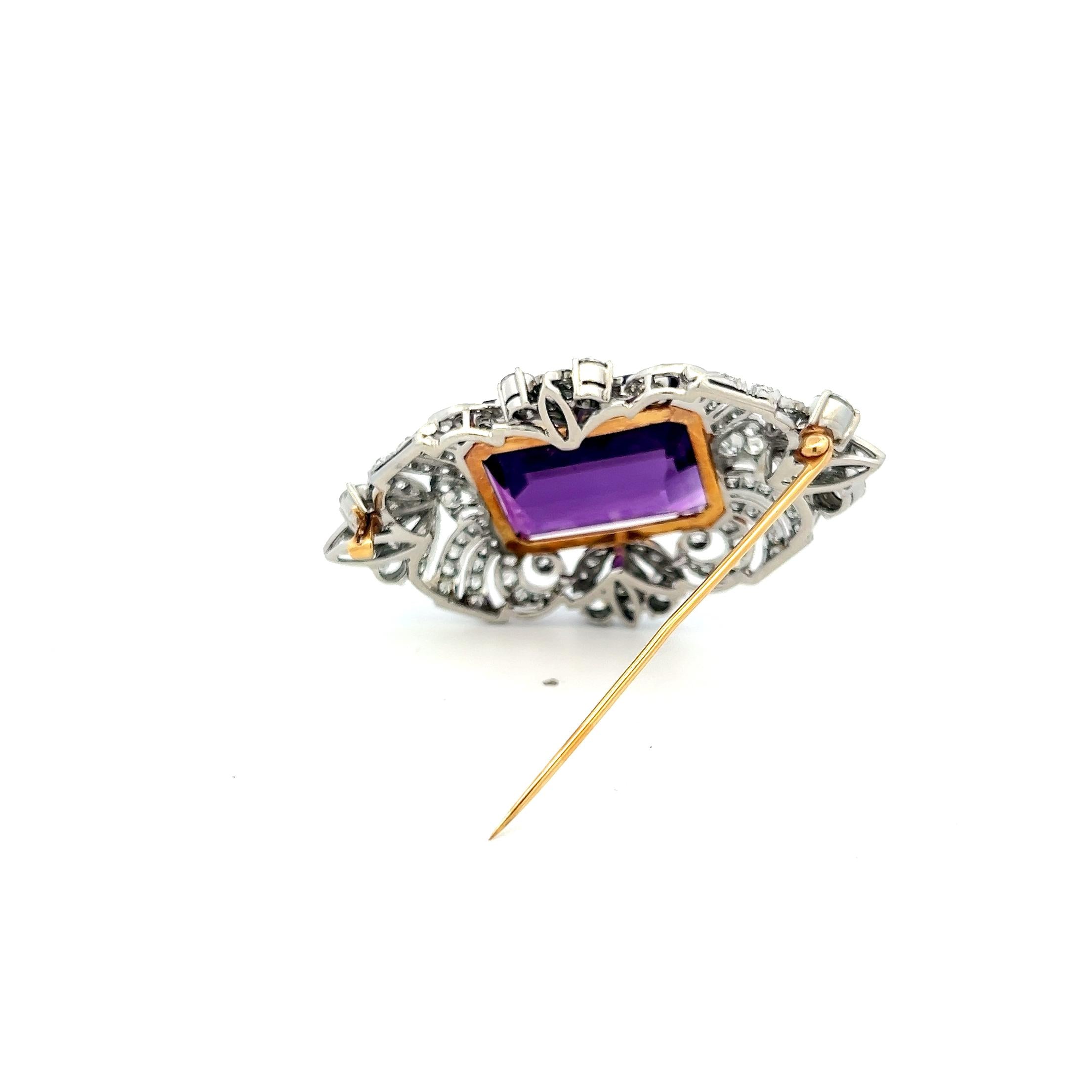 18K Two Tone Gold/Plat Pin Brooch with 5 Ct Round Diamonds & 32.29 Ct Amethyst