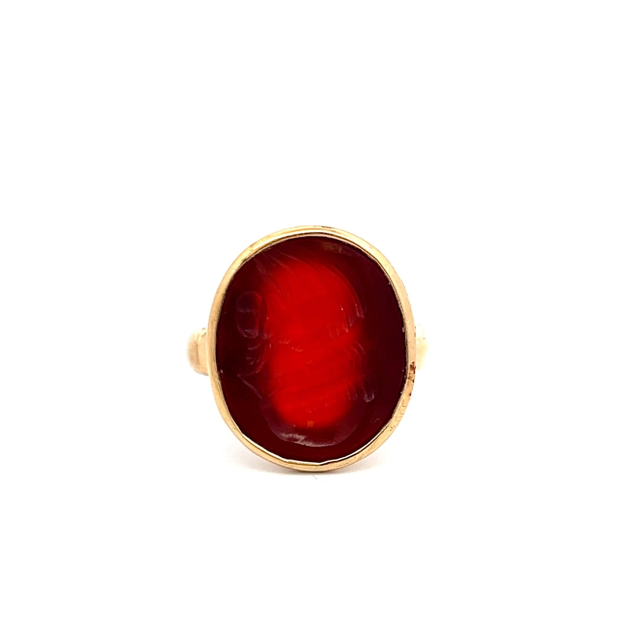 Vintage 10K YG Cocktail Ring with 17.4x14.8 MM Carnelian Intaglio Size 7.25