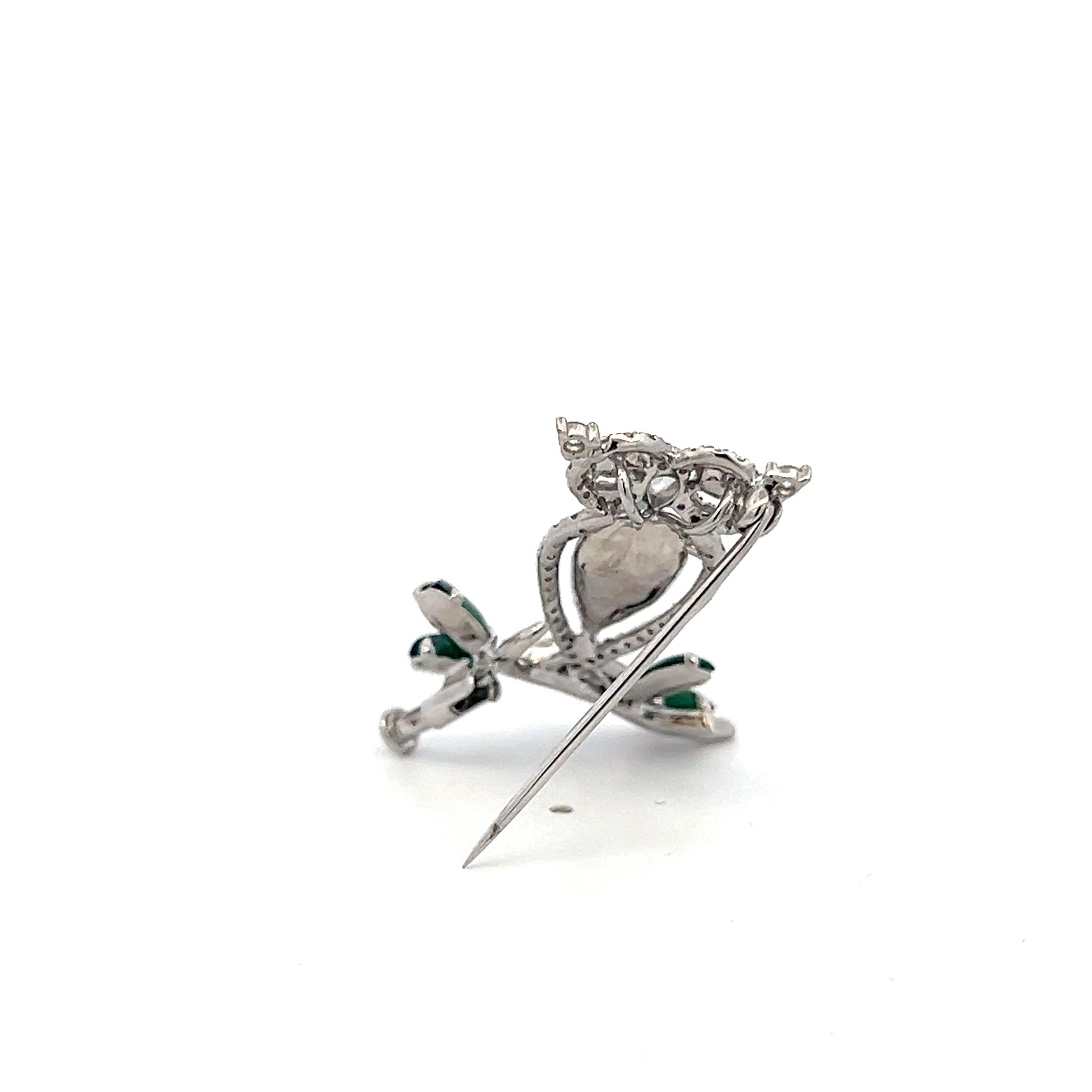 Vintage 18K WG Owl Pin Brooch with 0.69 Carat Multi-Shape Diamonds & Jade