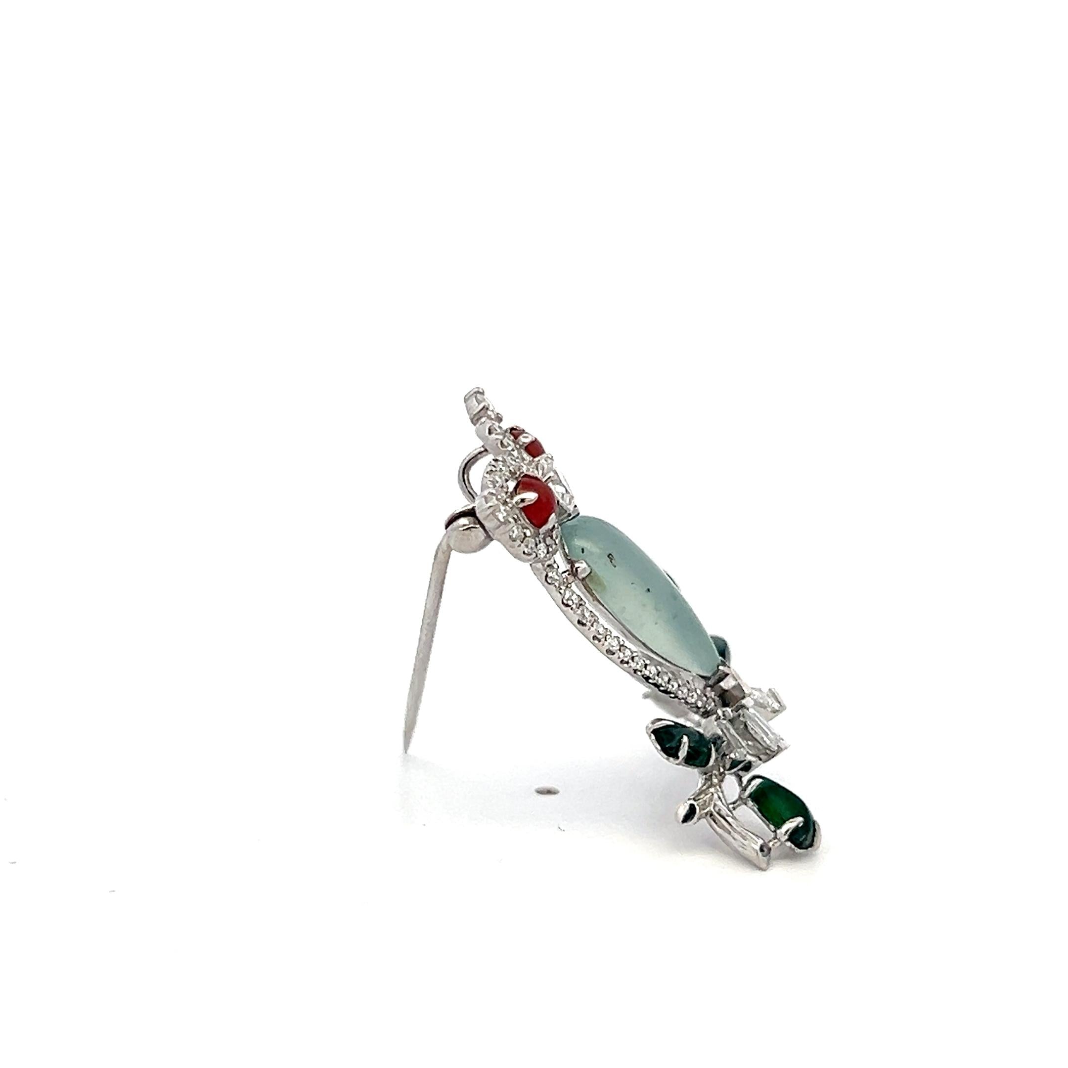 Vintage 18K WG Owl Pin Brooch with 0.69 Carat Multi-Shape Diamonds & Jade