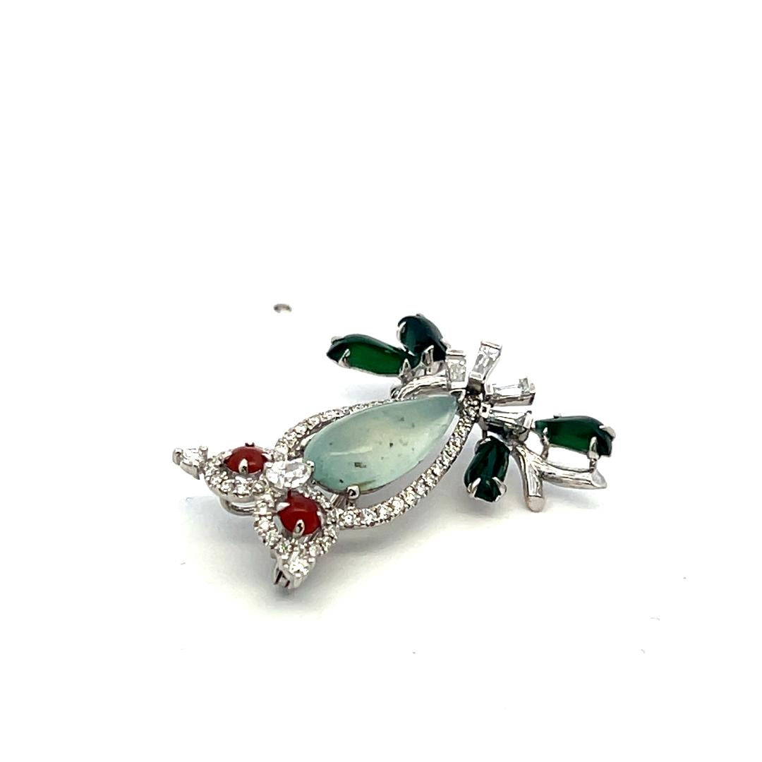 Vintage 18K WG Owl Pin Brooch with 0.69 Carat Multi-Shape Diamonds & Jade