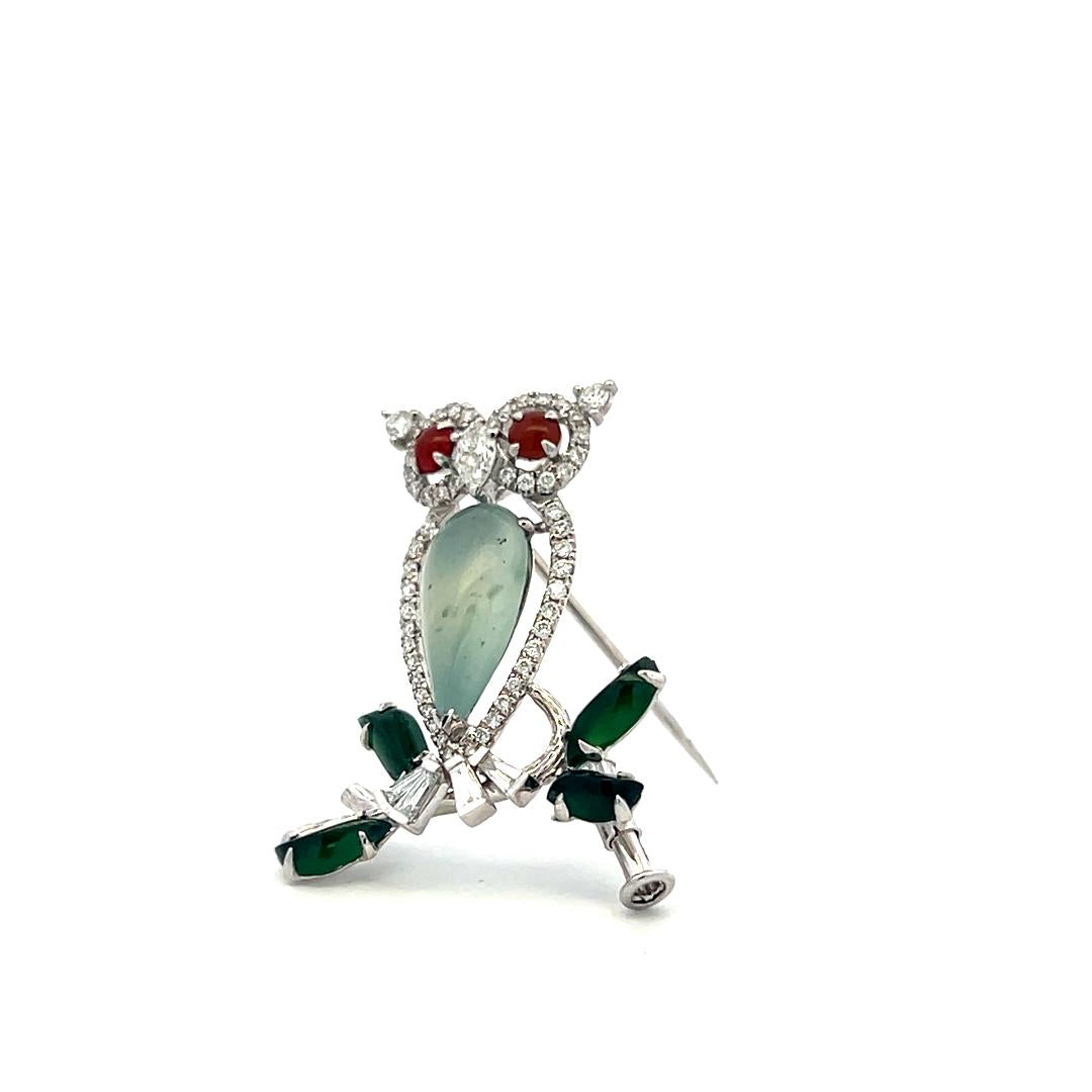 Vintage 18K WG Owl Pin Brooch with 0.69 Carat Multi-Shape Diamonds & Jade