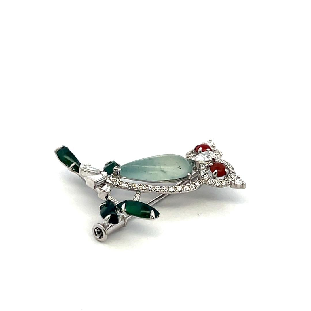 Vintage 18K WG Owl Pin Brooch with 0.69 Carat Multi-Shape Diamonds & Jade
