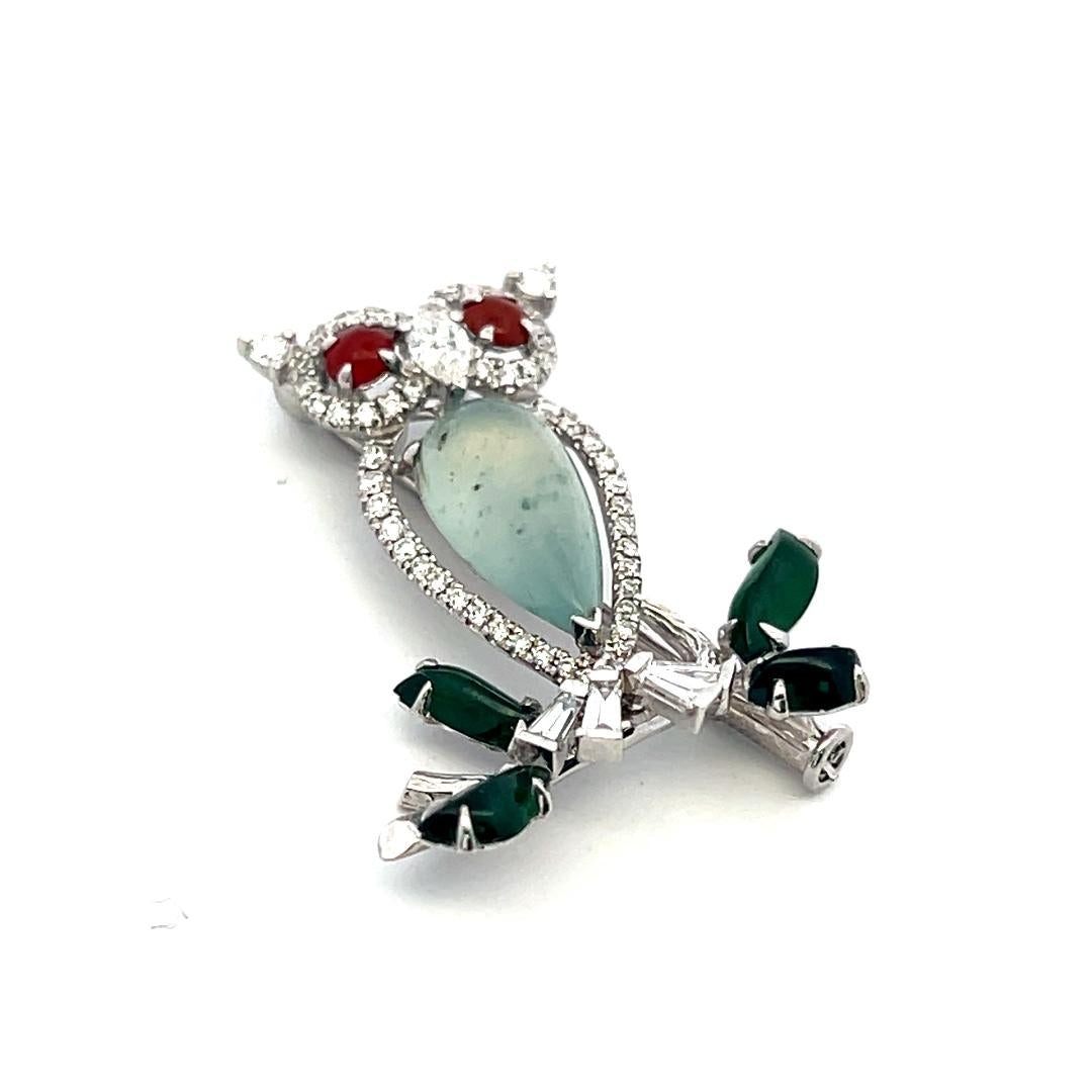 Vintage 18K WG Owl Pin Brooch with 0.69 Carat Multi-Shape Diamonds & Jade