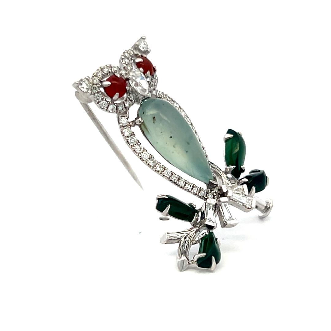 Vintage 18K WG Owl Pin Brooch with 0.69 Carat Multi-Shape Diamonds & Jade