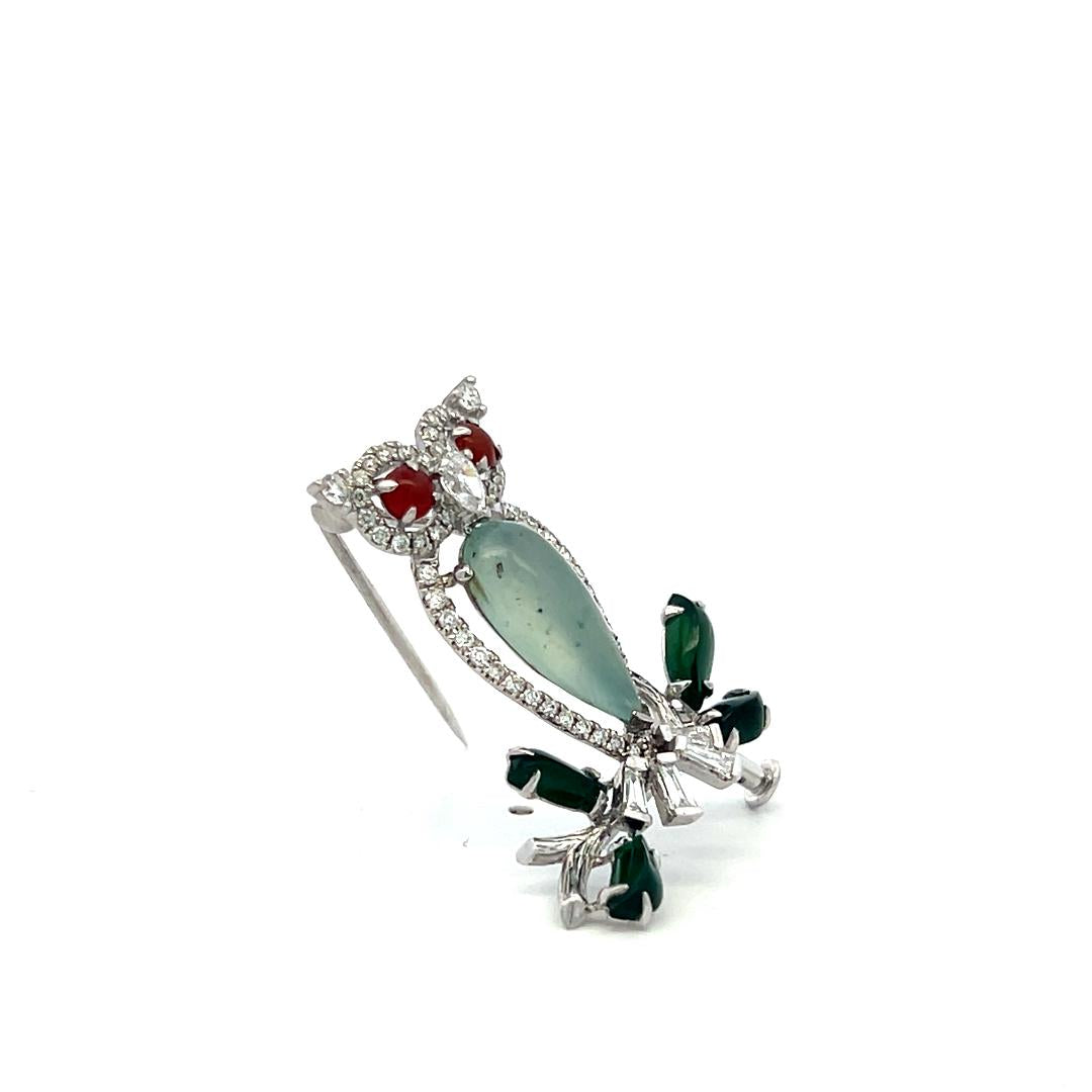 Vintage 18K WG Owl Pin Brooch with 0.69 Carat Multi-Shape Diamonds & Jade