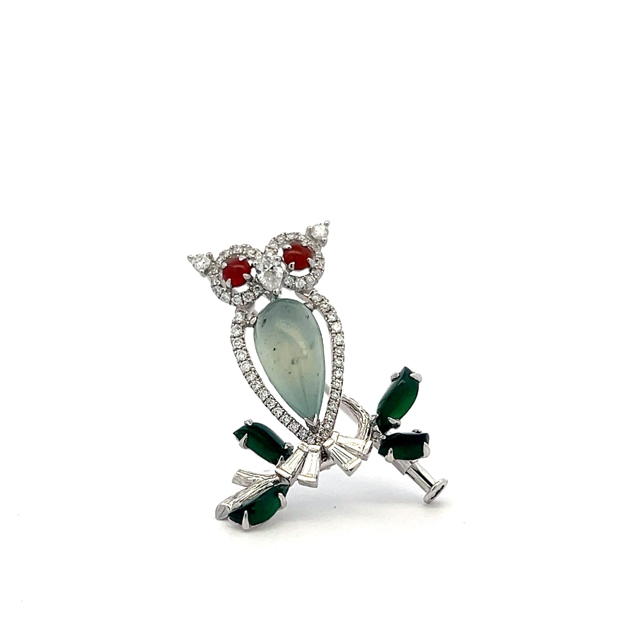 Vintage 18K WG Owl Pin Brooch with 0.69 Carat Multi-Shape Diamonds & Jade